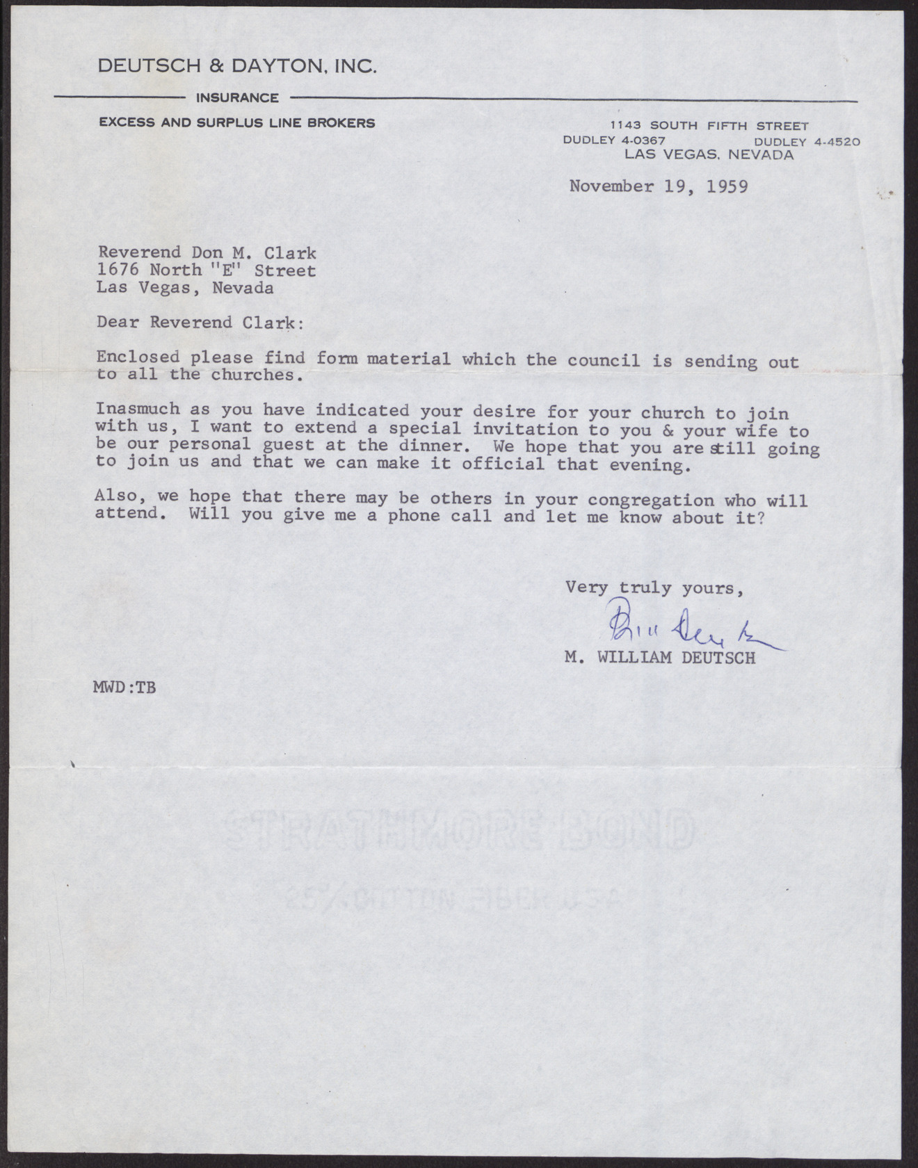 Letter to Reverend Don M. Clark from M. William Deutsch, November 19, 1959