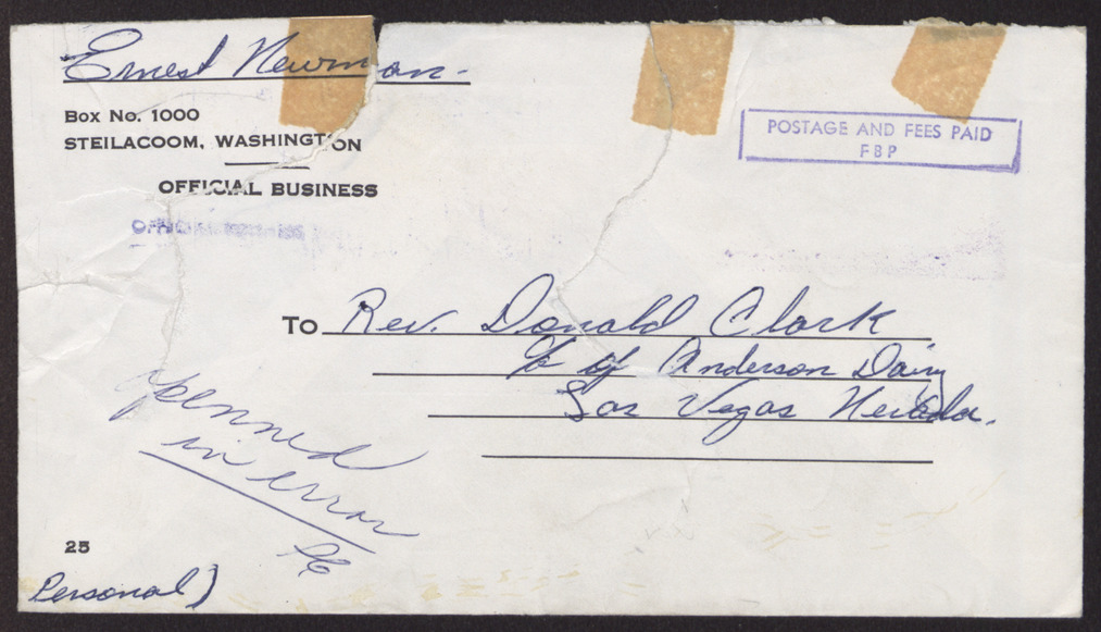 Torn envelope and enclosed letter to Rev. Donald Clark from Ernest Newman, no date, page 3