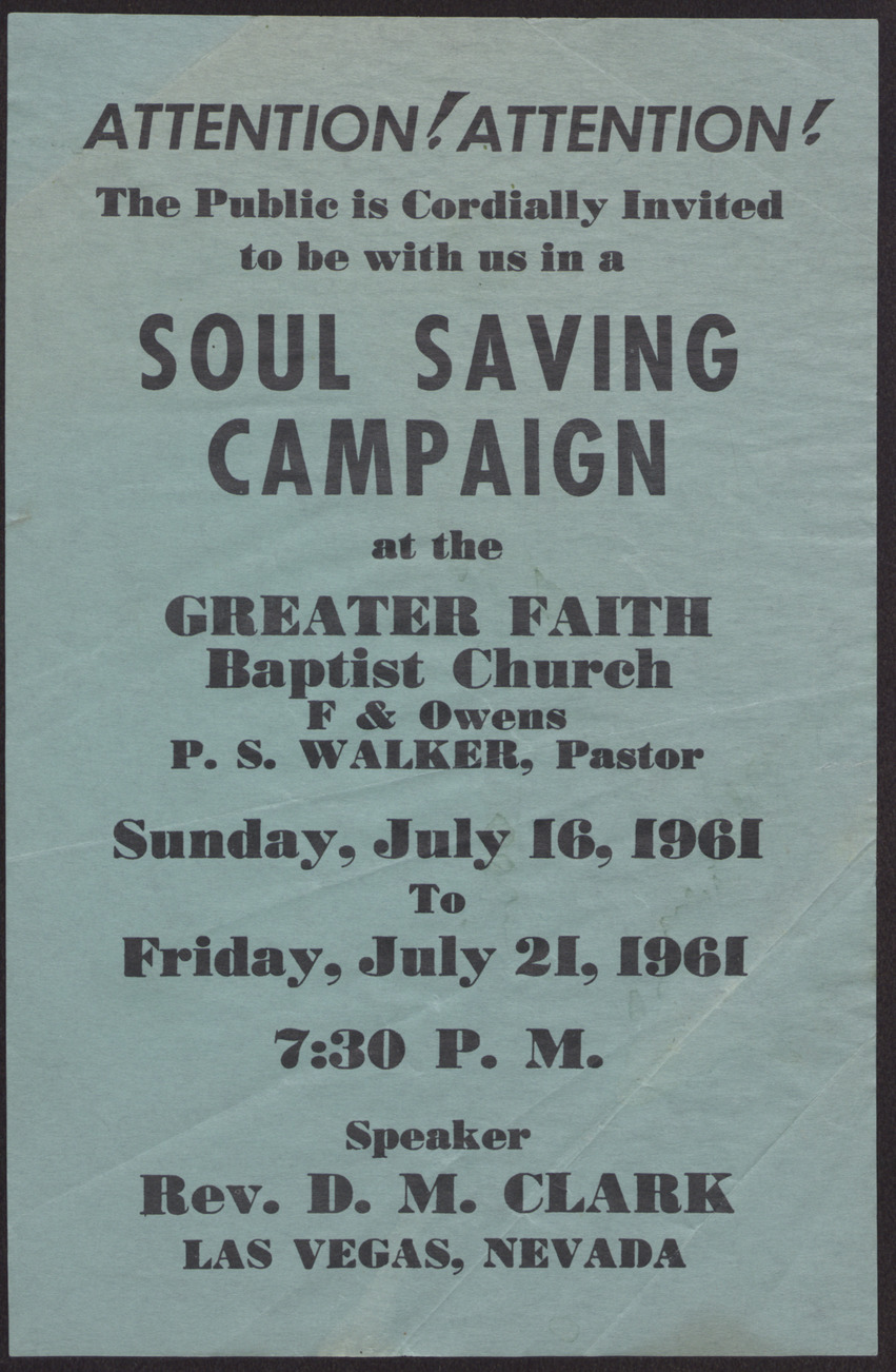 Flier, Soul Saving Campaign, July 16 to July 21, 1961