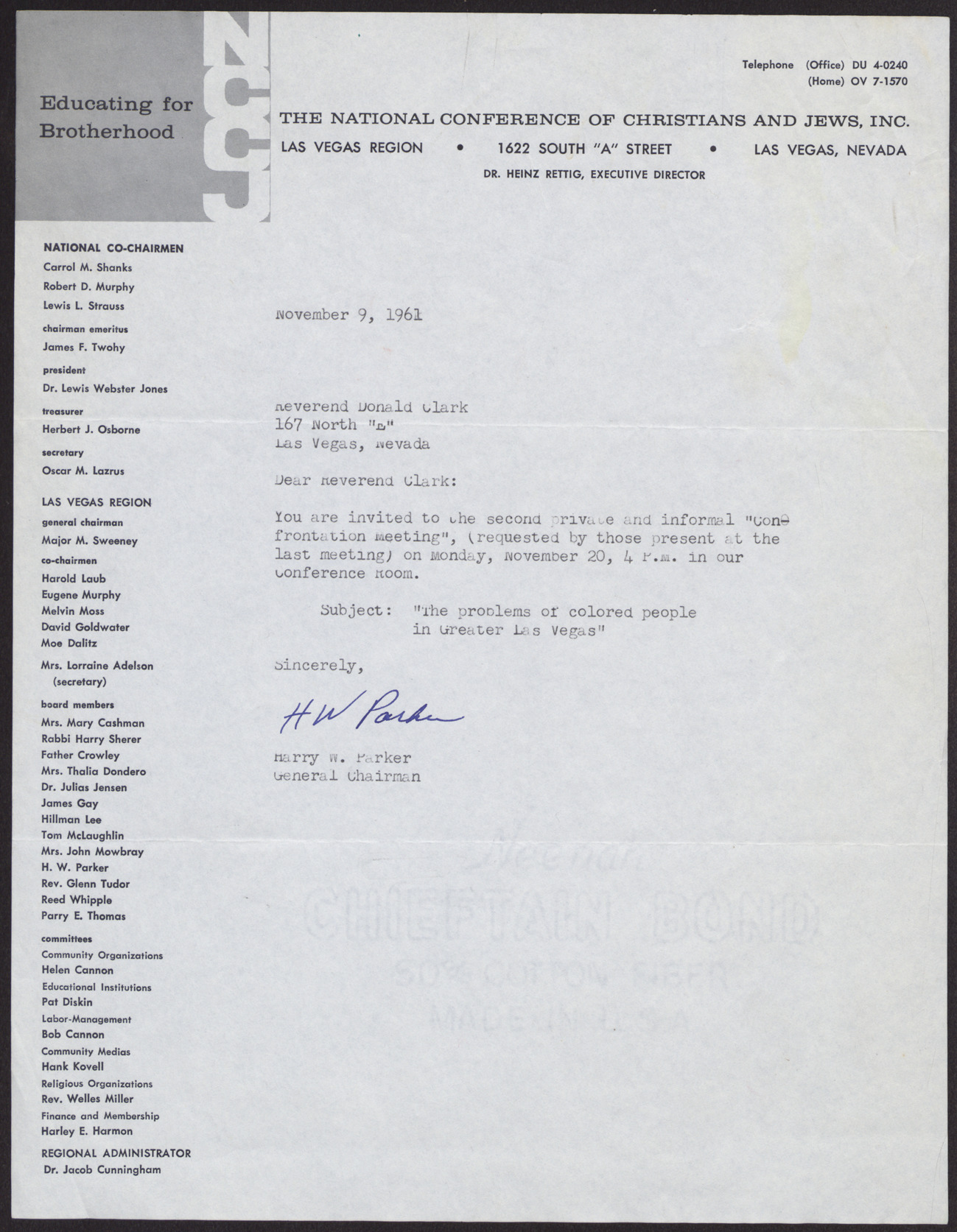 Letter to Reverend Donald Clark from Harry W. Parker, November 9, 1961