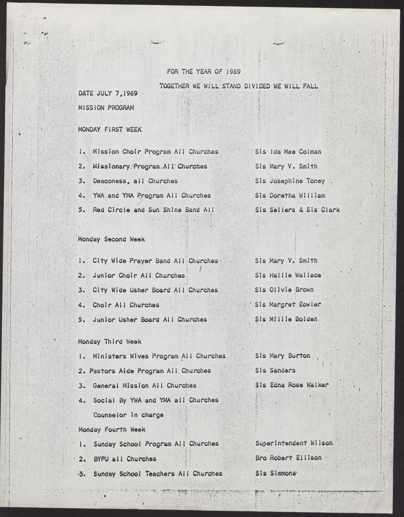 Mission Program for the year of 1969 (2 pages), July 7, 1968