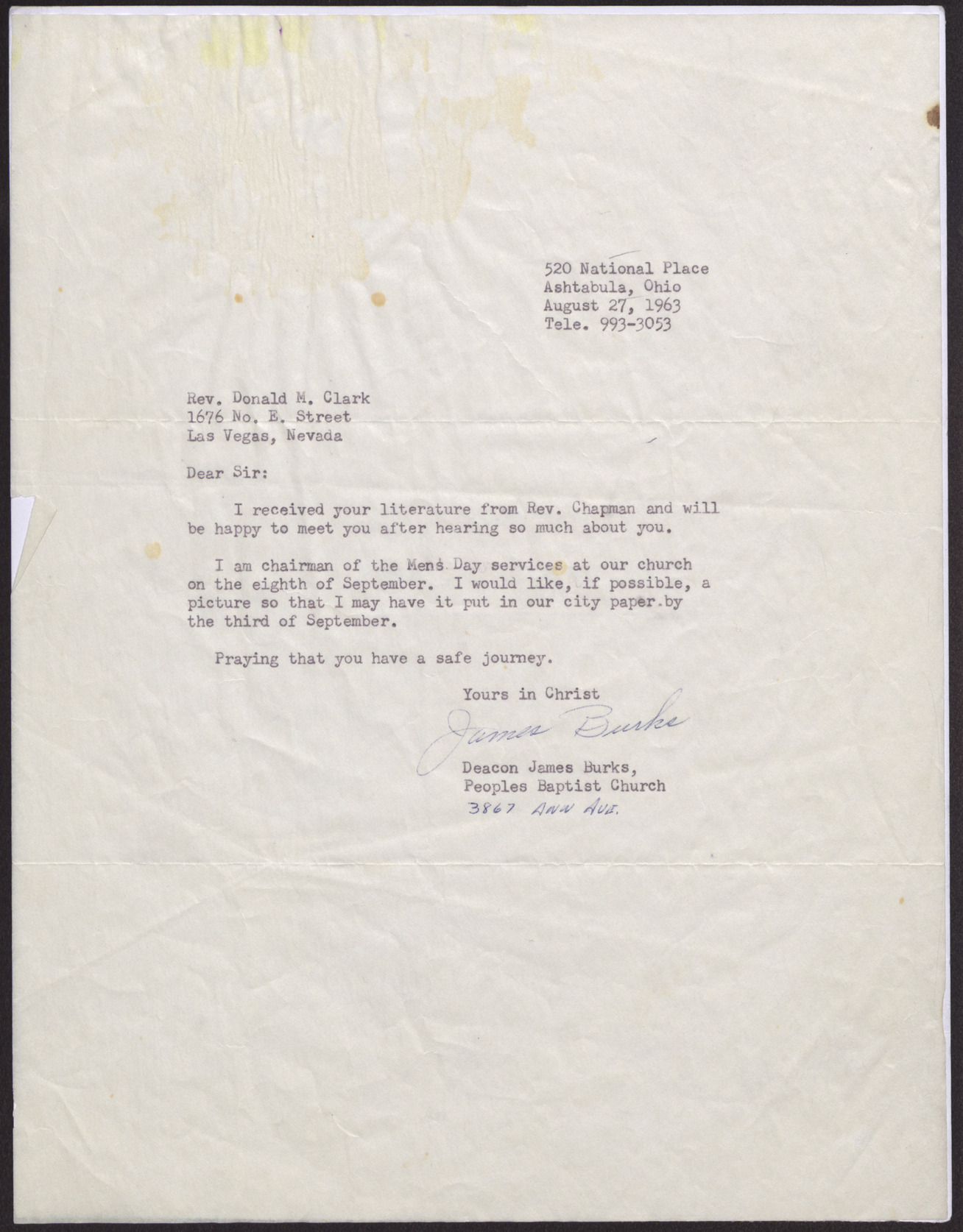 Letter to Rev. Donald M. Clark from Deacon James Burks, August 27, 1963