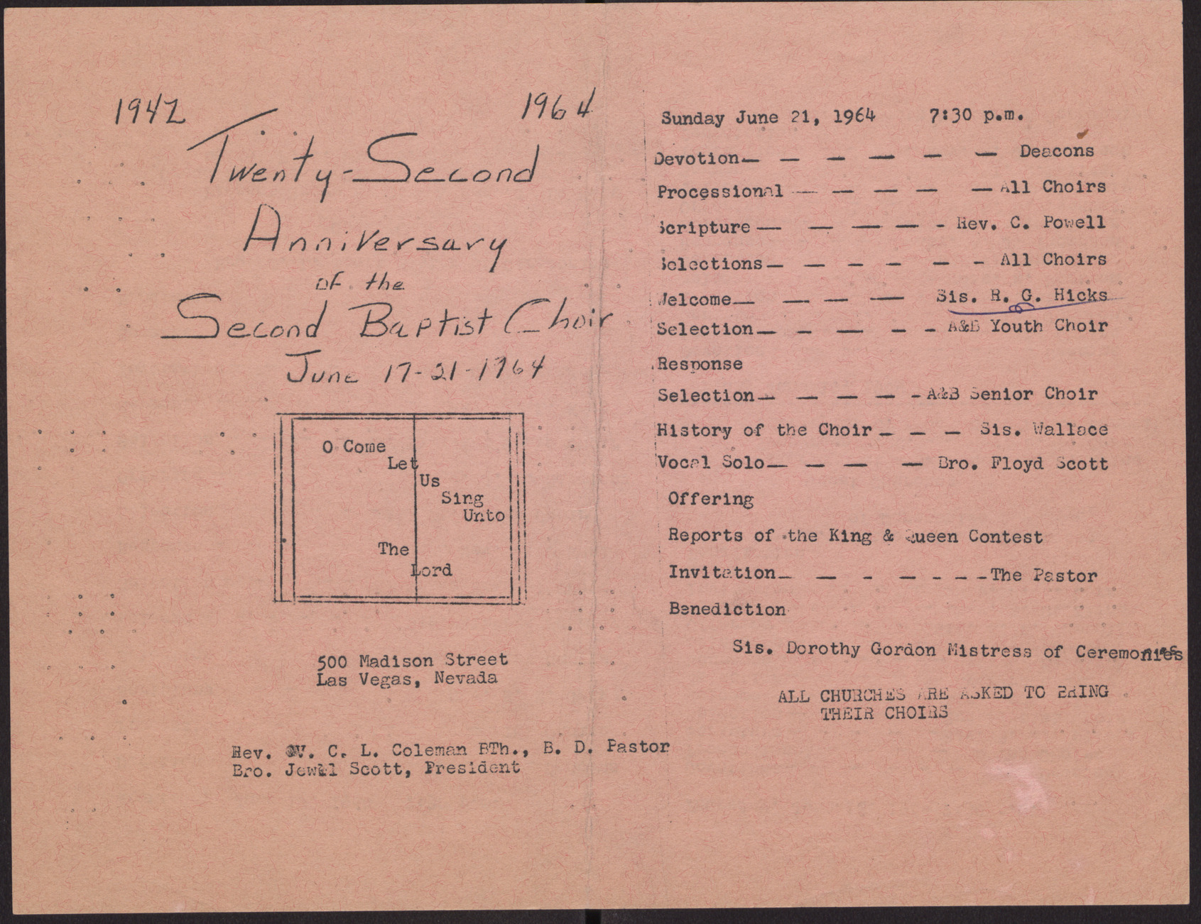 Program, 22nd Anniversary of the Second Baptist Choir (4 pages), June 17-21, 1964