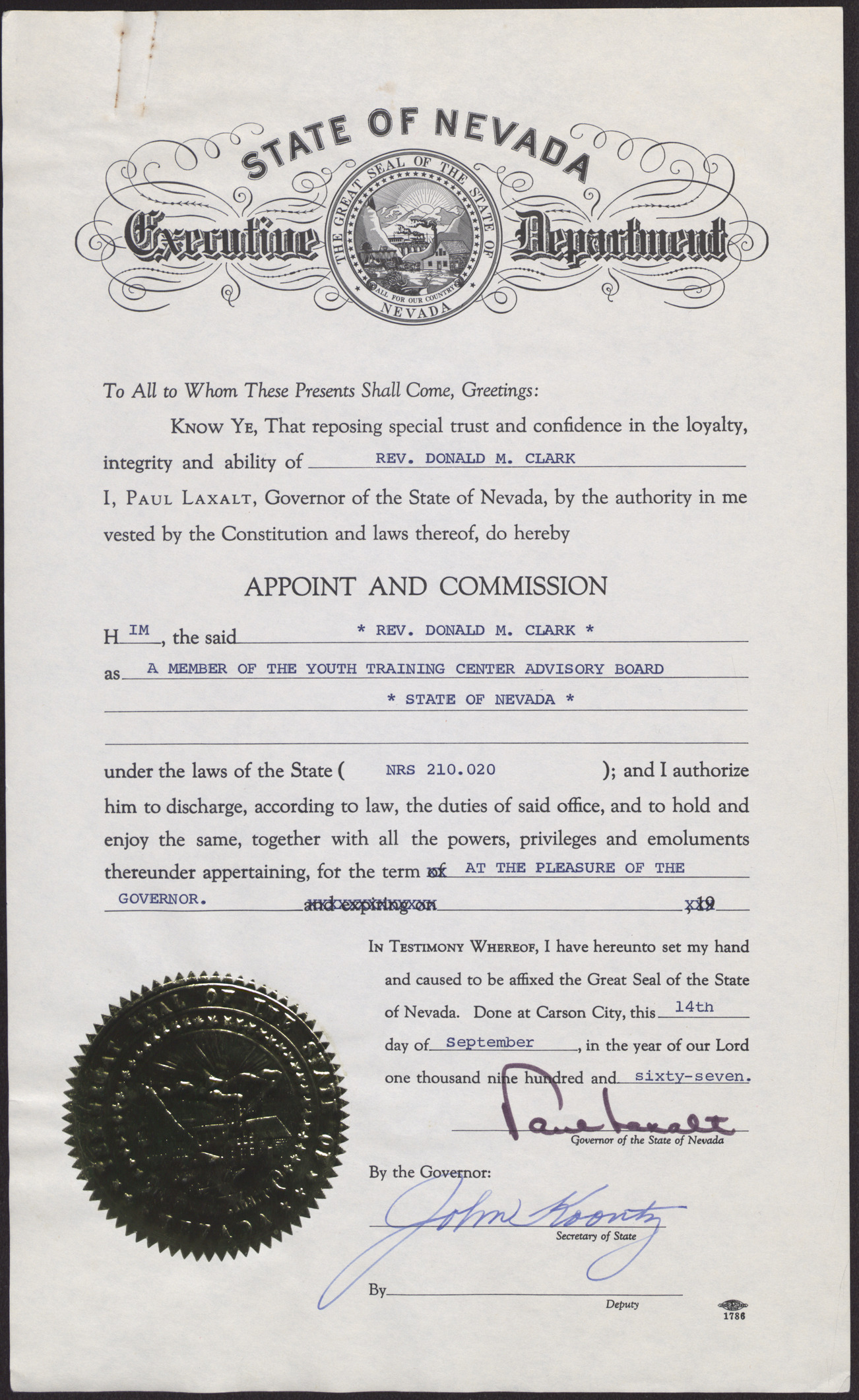 Certificate of appointment and commission for Rev. Donald M. Clark, September 14, 1967
