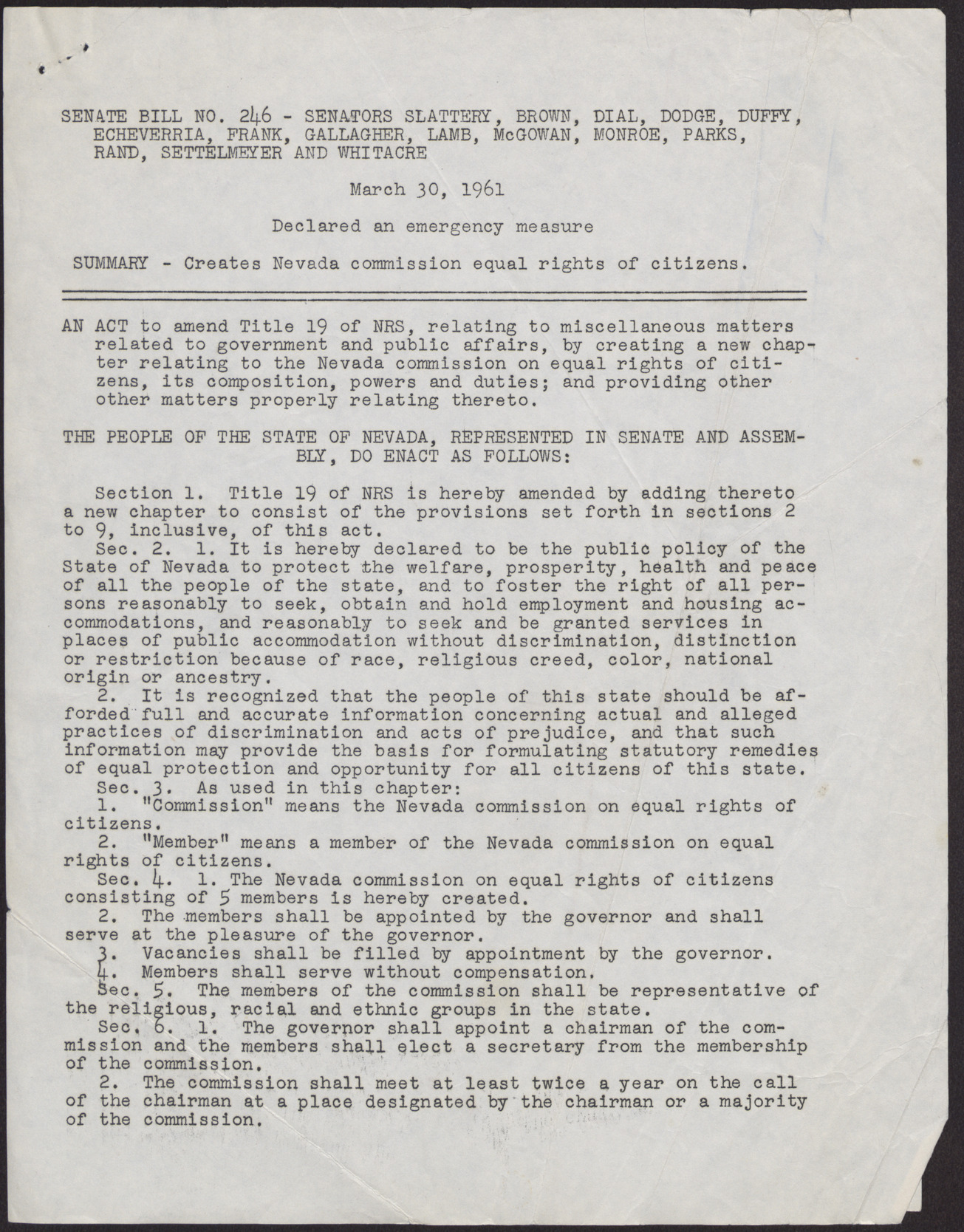 Summary of Senate Bill No. 246 (2 pages), March 30, 1961
