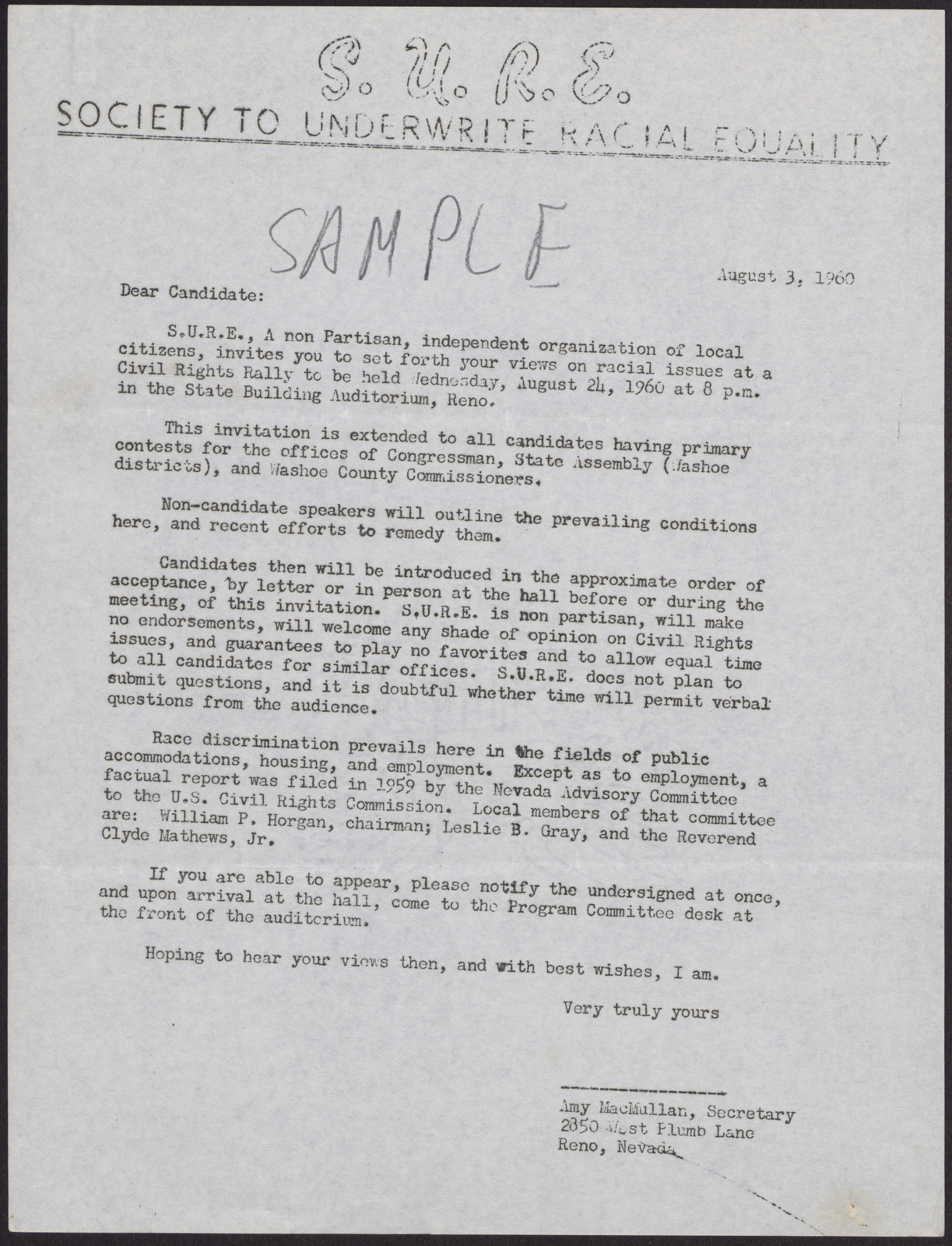 Sample letter to Congressional, State Assembly, and Washoe County Commissioner candidates from the S.U.R.E., August 3, 1960