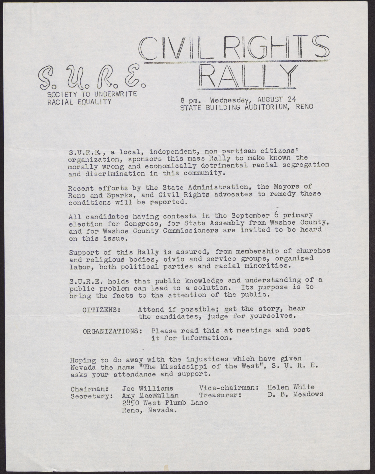 Invitation/Announcement for a civil rights rally sponsored by S.U.R.E., August 24, [no year]