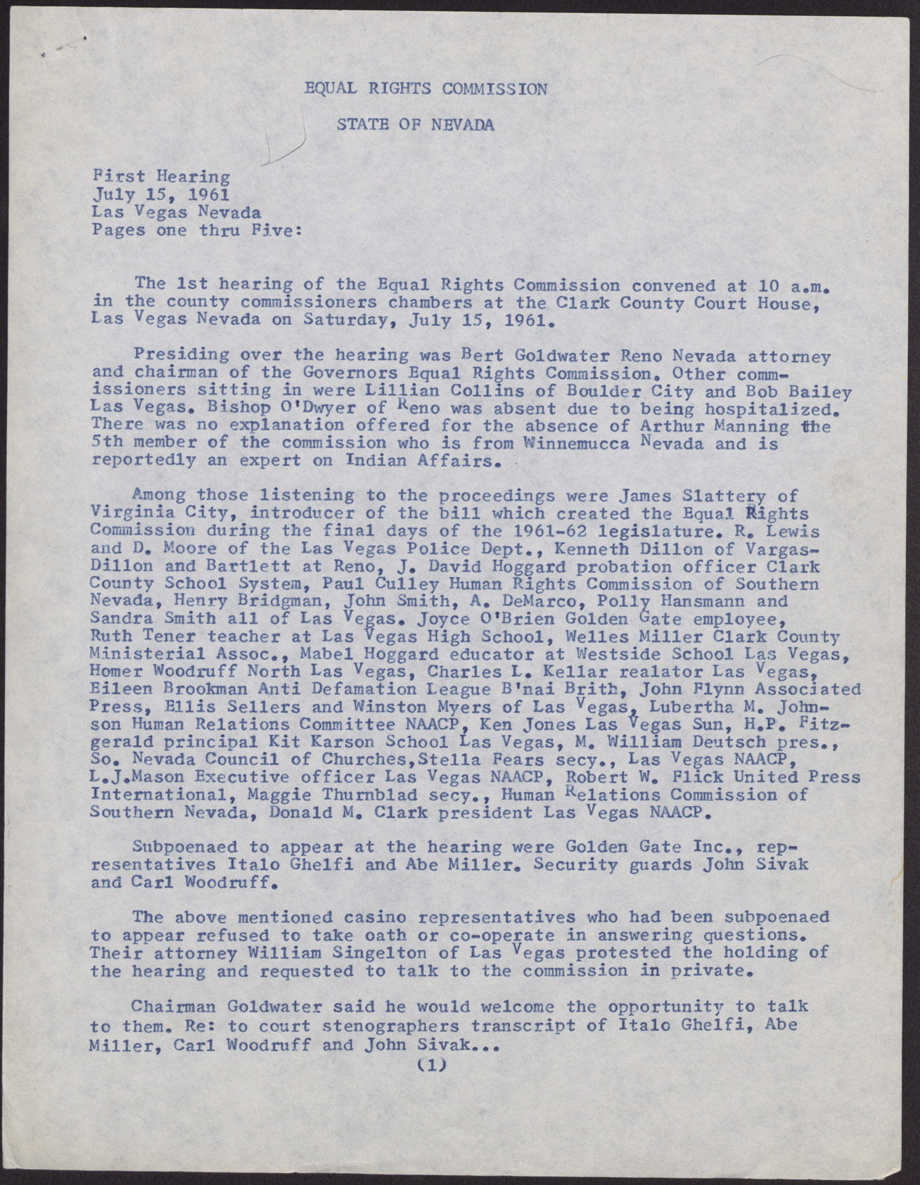 Minutes for the State of Nevada Equal Rights Commission First Hearing (5 pages), July 15, 1961