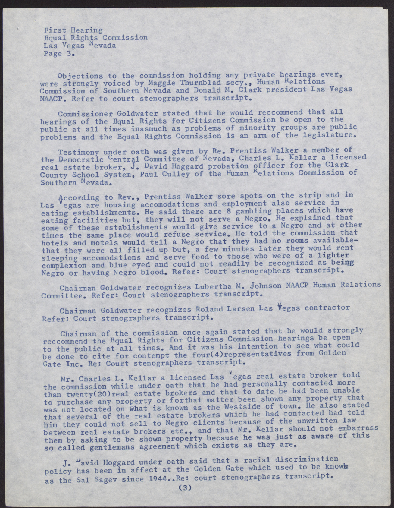 Minutes for the State of Nevada Equal Rights Commission First Hearing (5 pages), July 15, 1961, page 3