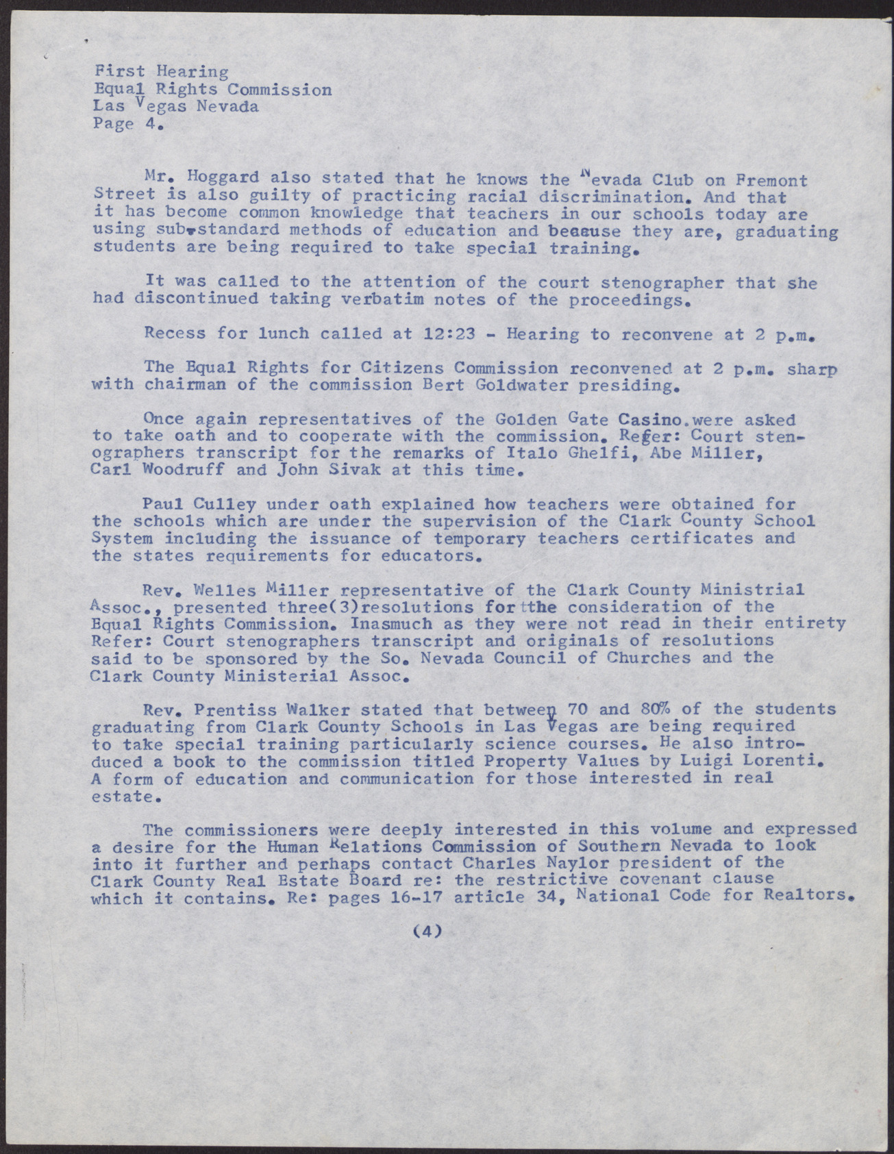 Minutes for the State of Nevada Equal Rights Commission First Hearing (5 pages), July 15, 1961, page 4