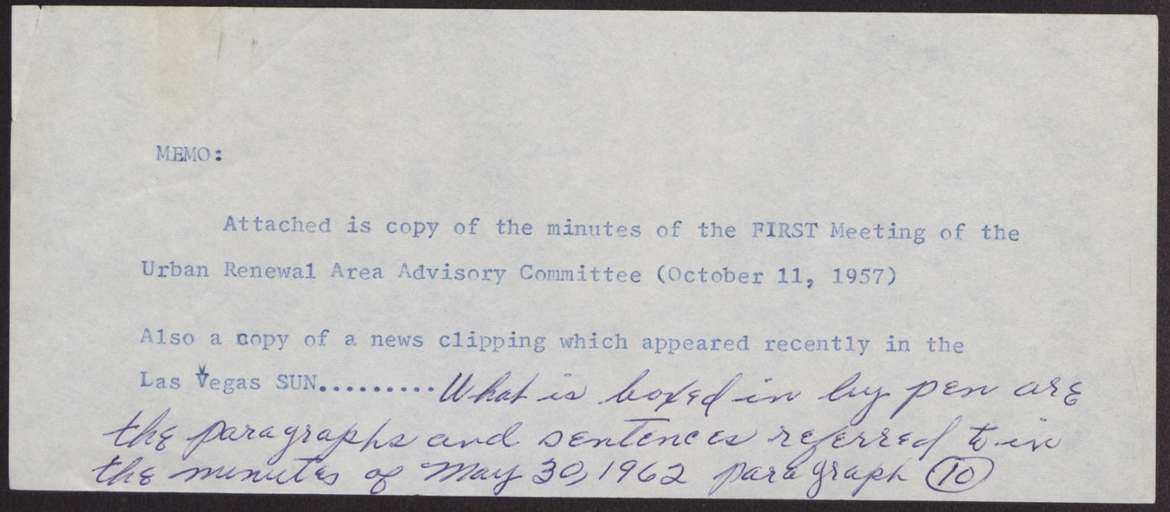 A memo, note, and minutes of the first meeting of the Urban Renewal Area Advisory Committee (7 pages), October 11, 1957