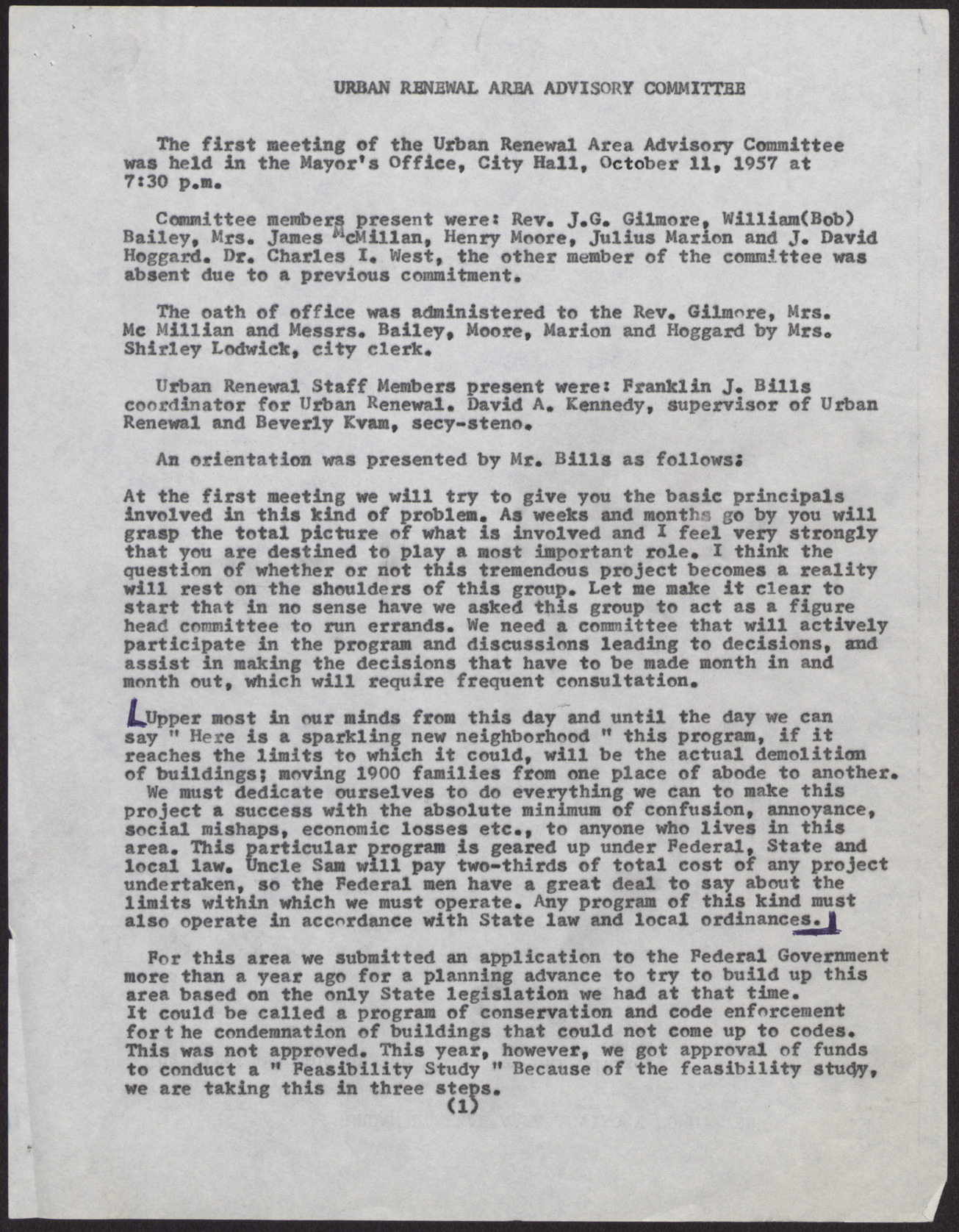 A memo, note, and minutes of the first meeting of the Urban Renewal Area Advisory Committee (7 pages), October 11, 1957, page 3