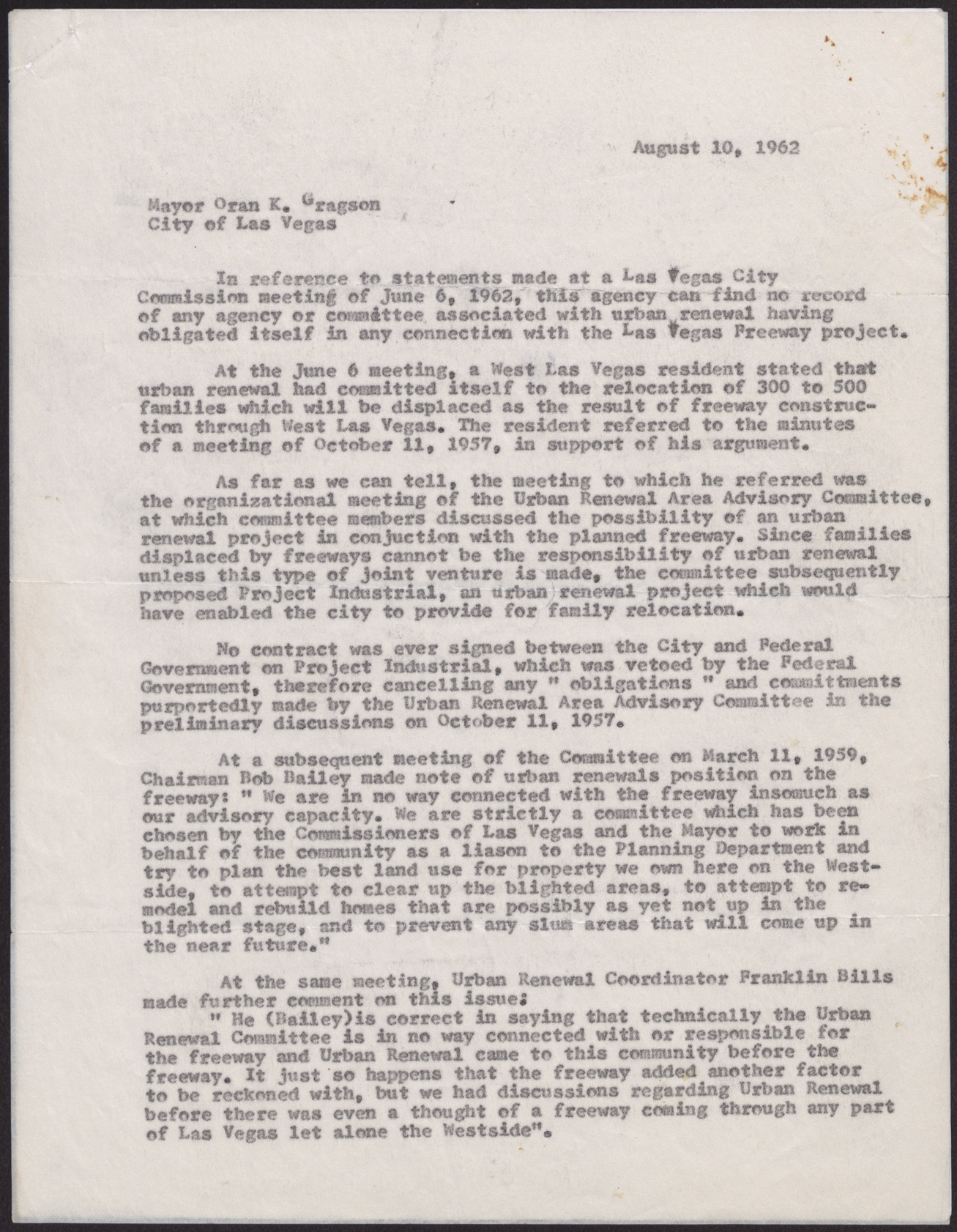 Letter to Mayor Oran K. Gragson (2 pages), August 10, 1962