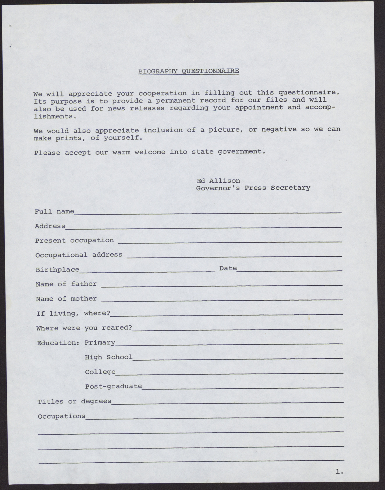 Blank biography questionnaire, no date