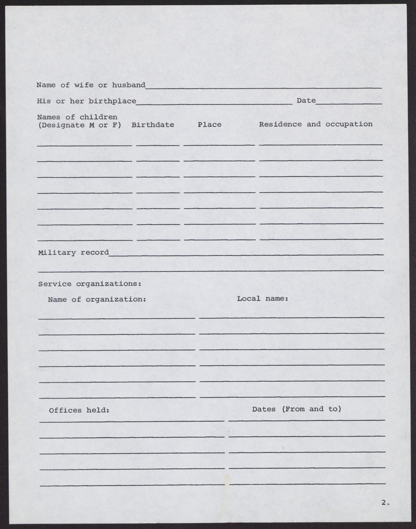 Blank biography questionnaire, no date, page 2