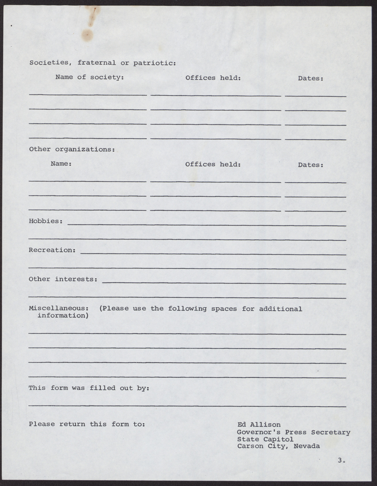 Blank biography questionnaire, no date, page 3