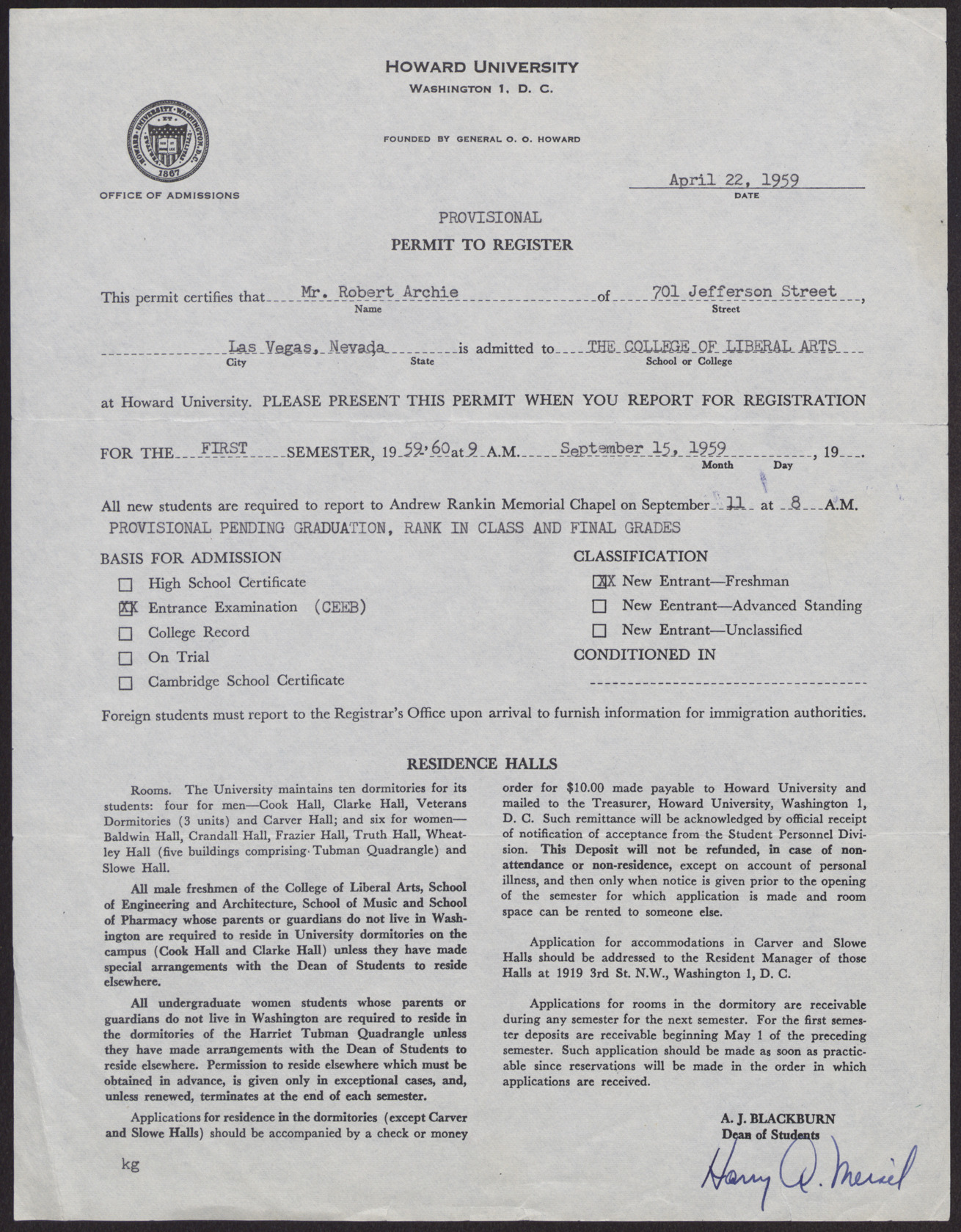Howard University registration permit for Mr. Robert Archie, April 22, 1959