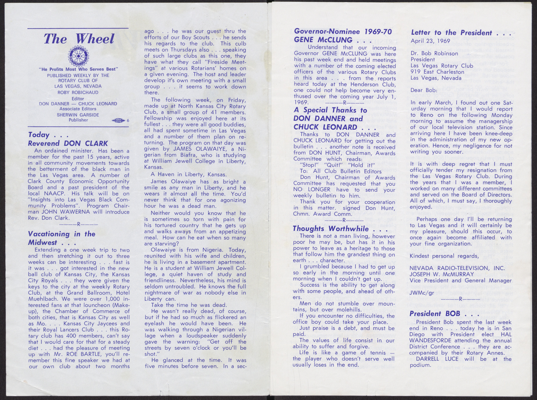 Las Vegas Rotary Club meeting program (6 pages), May 1, 1969, page 2-3