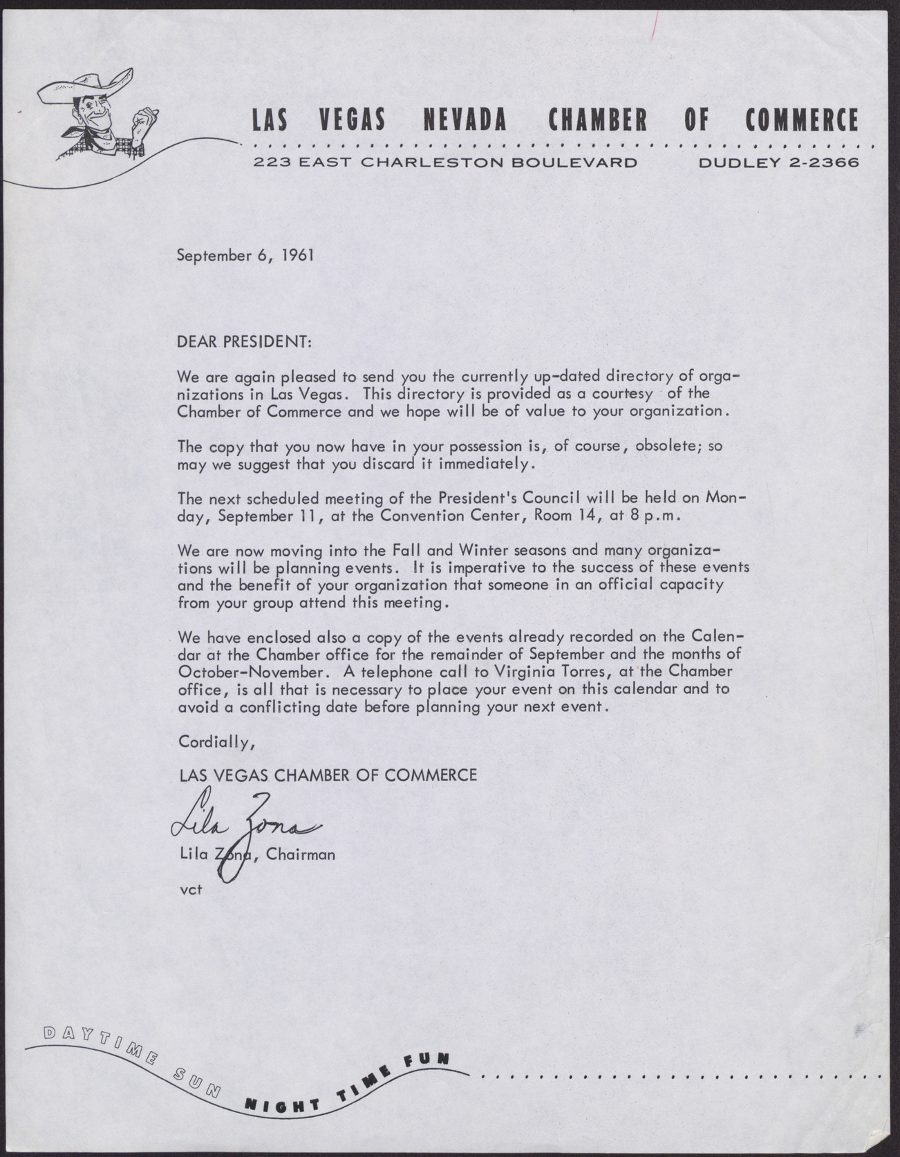 Letter to unnamed president of an organization from the Las Vegas Nevada Chamber of Commerce, September 6, 1961