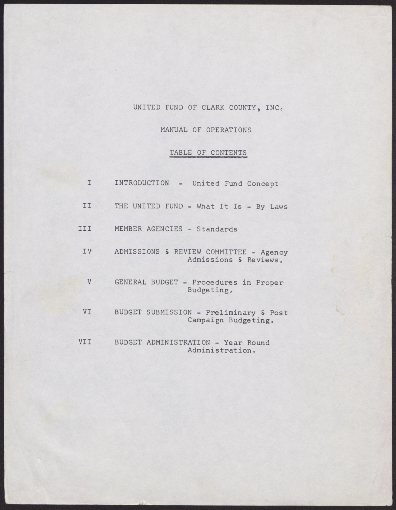 United Fund of Clark County, Inc. Manual of Operations (8 pages, possibly out of sequence or unrelated), no date