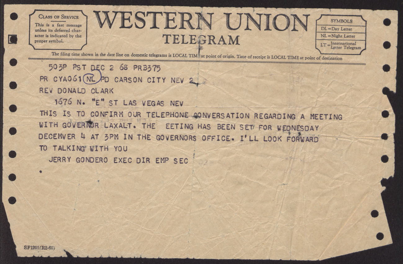 Western Union Telegram to Rev. Donald Clark from Jerry Gondero, December 2, 1968