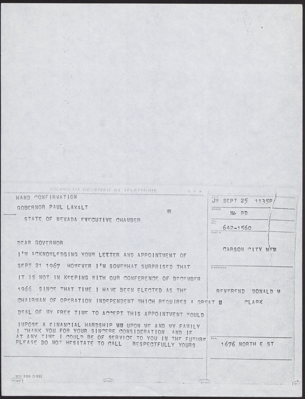 Copy of telegram to Governor Paul Laxalt from Donald M Clark