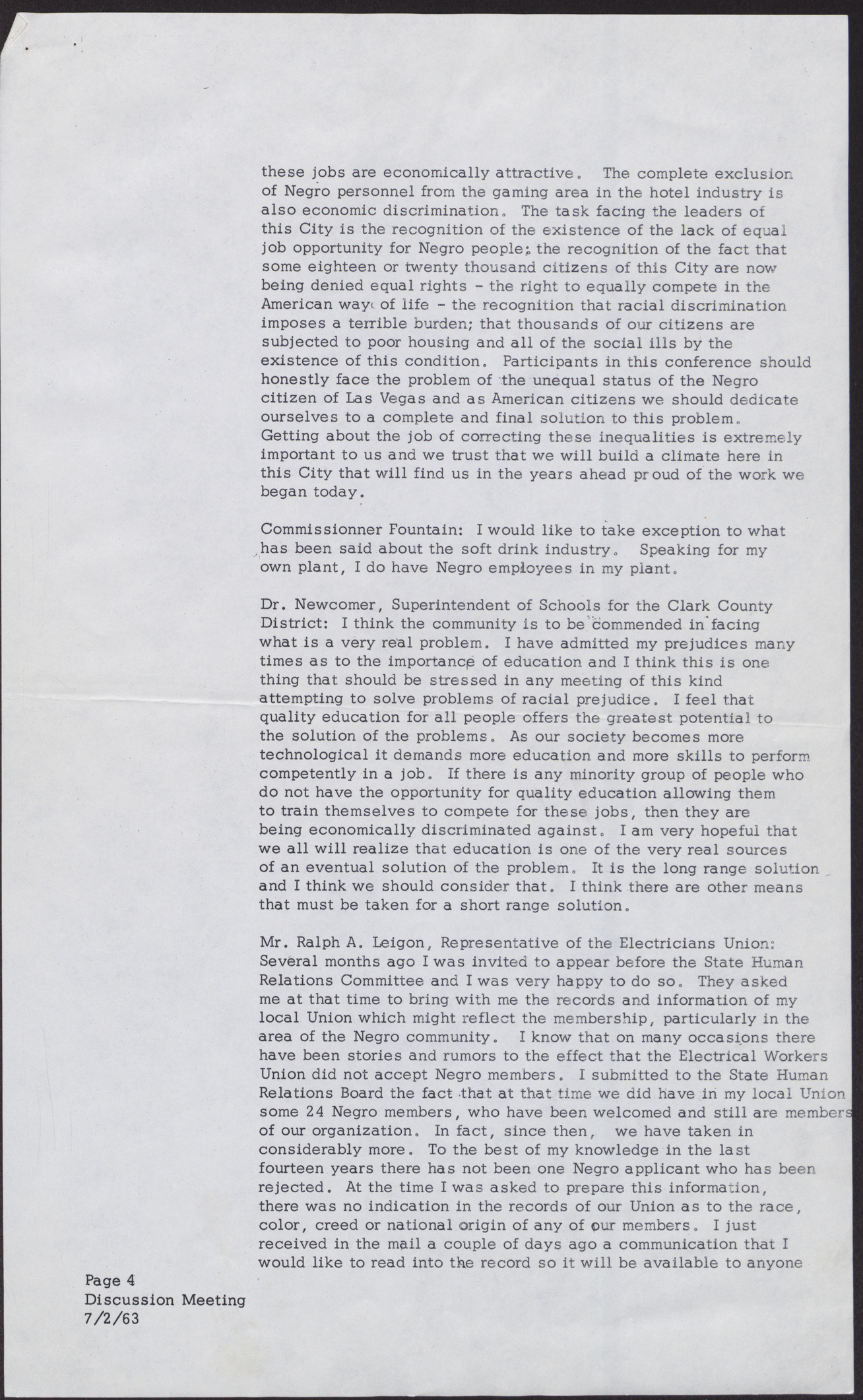 Minutes from a meeting with Board of Commissioners for the City of Las Vegas (13 pages), July 2, 1963, page 4