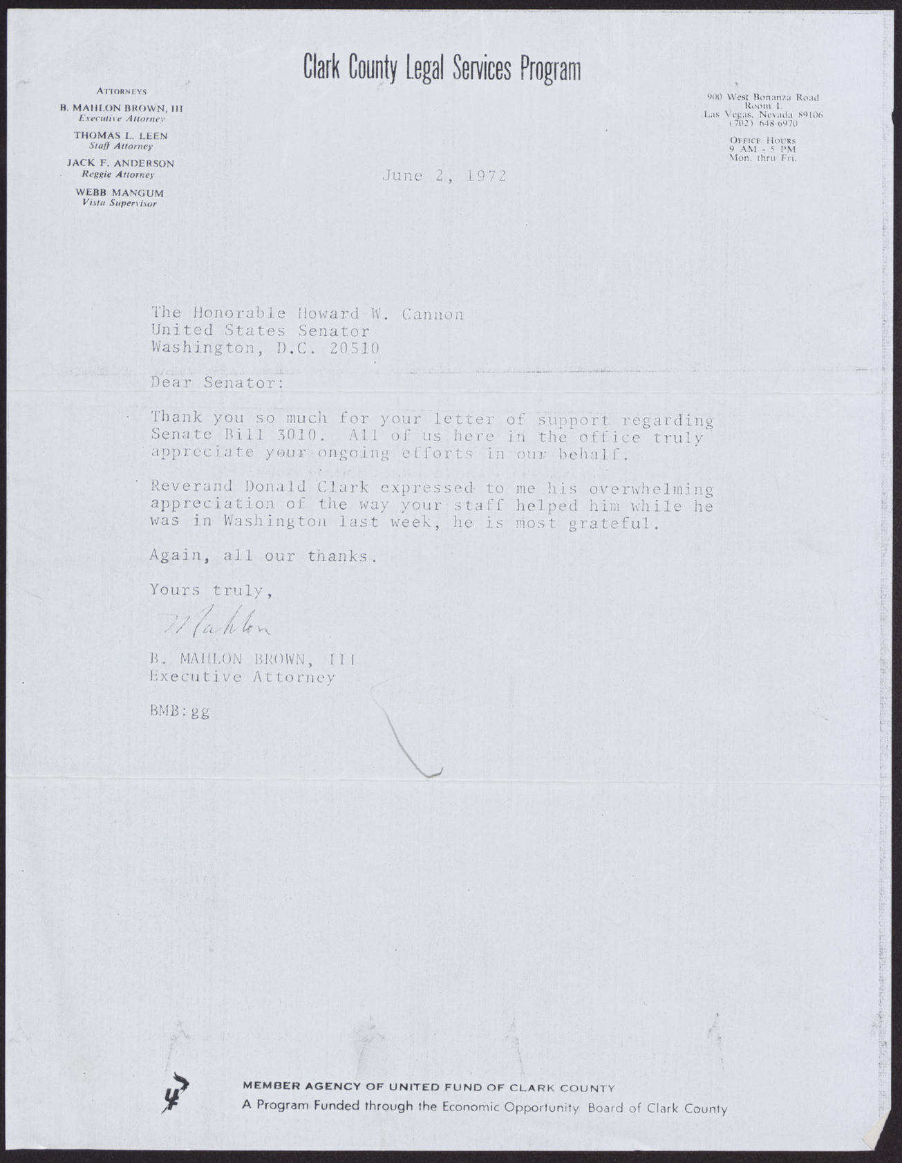 Copy of letter to Senator Howard W. Cannon from B. Mahlon Brown, III, June 2, 1972