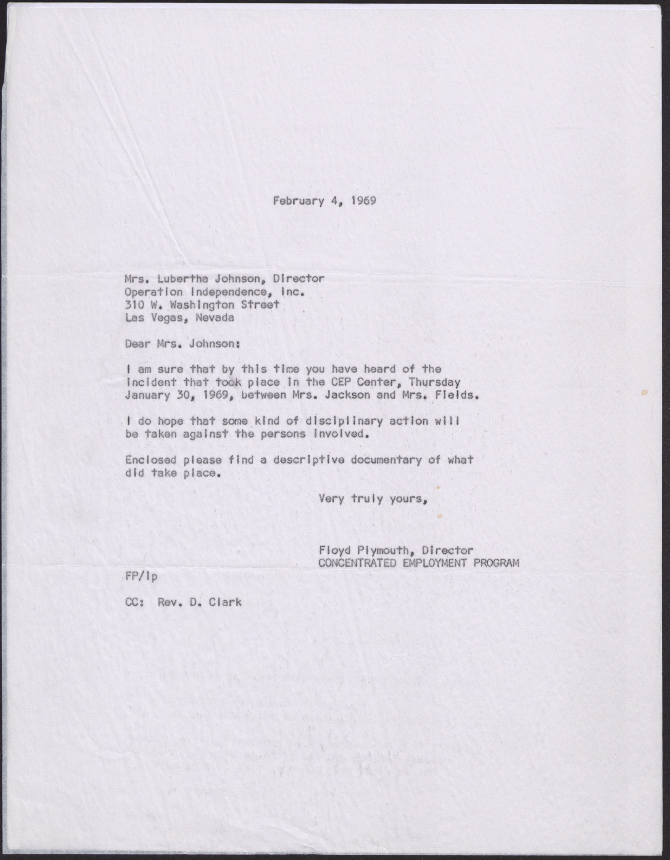 Letter to Mrs. Lubertha Johnson from Floyd Plymouth, February 4, 1969