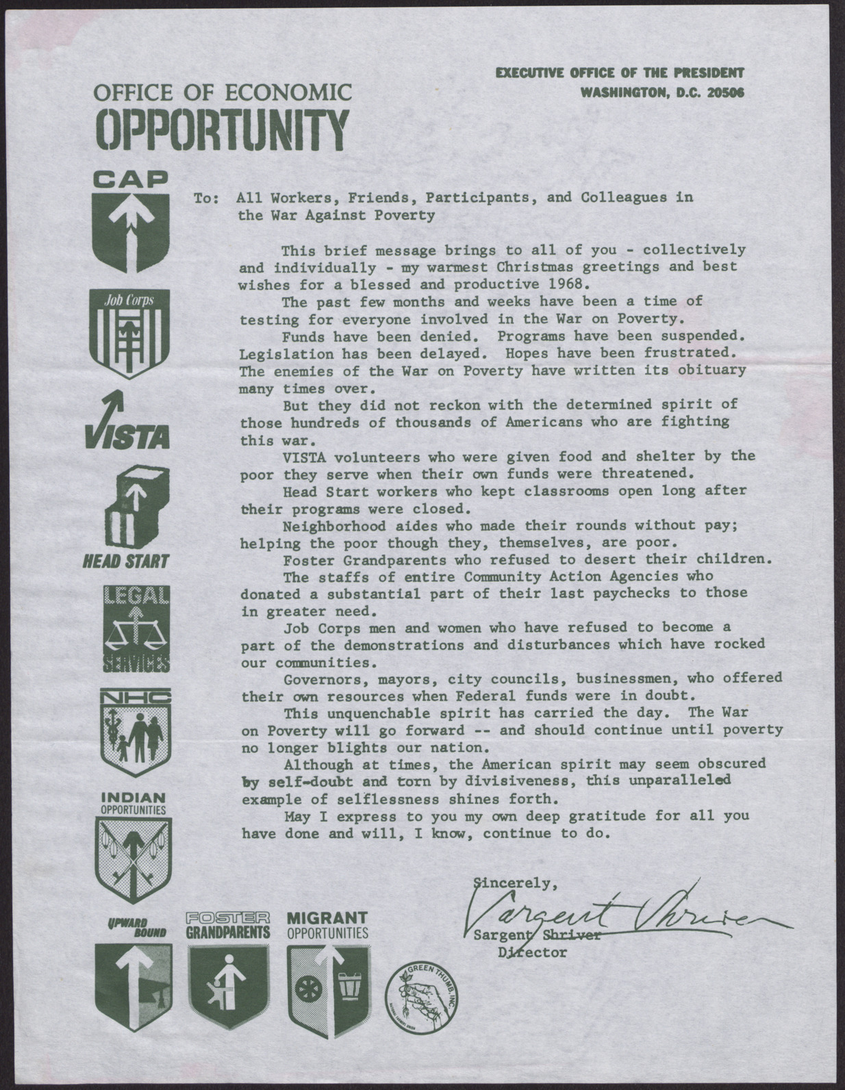 Letter from Sargent Shriver on behalf of the Office of Economic Opportunity, no date