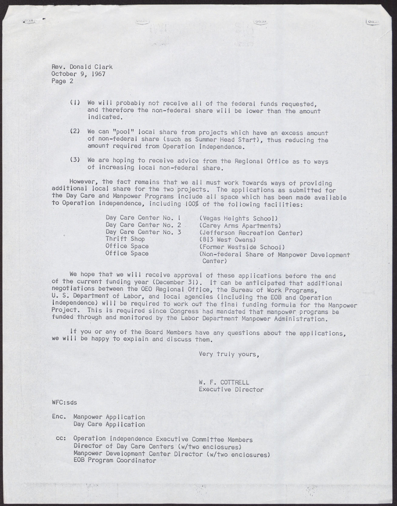 Letter to Rev. Donald Clark from W. F. Cottrell (2 pages), October 9, 1967, page 2