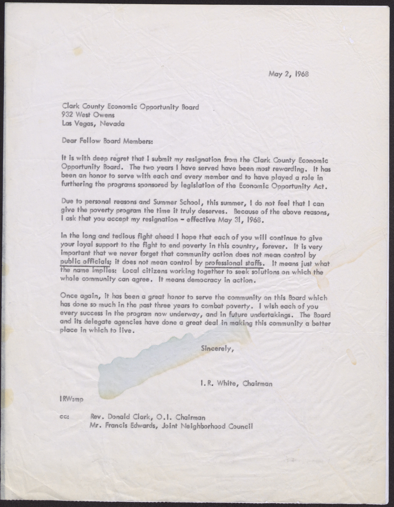Letter to EOB Board Members from I. R. White, May 2, 1968