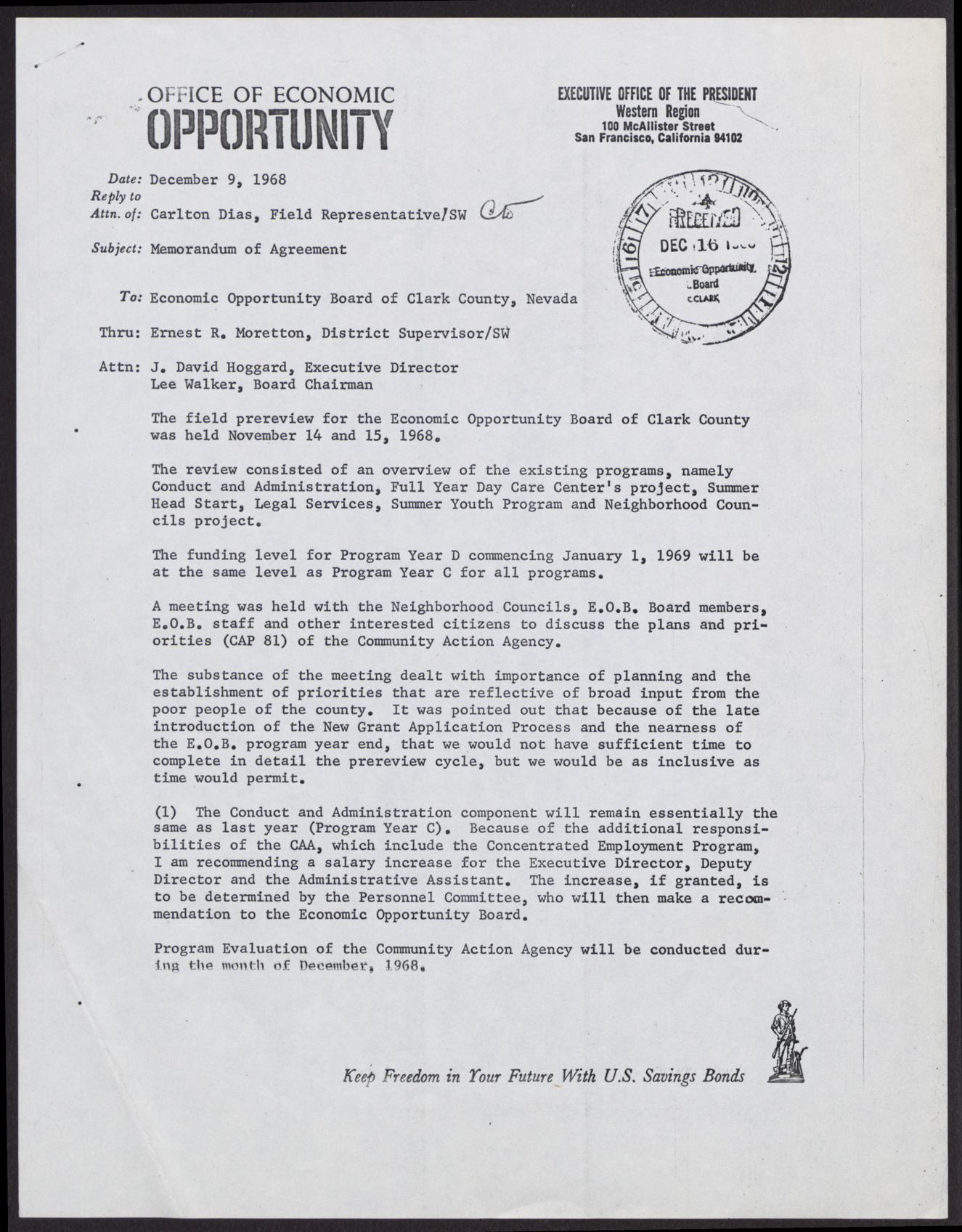 Letter to Economic Opportunity Board from Carlton Dias (3 pages), December 9, 1968