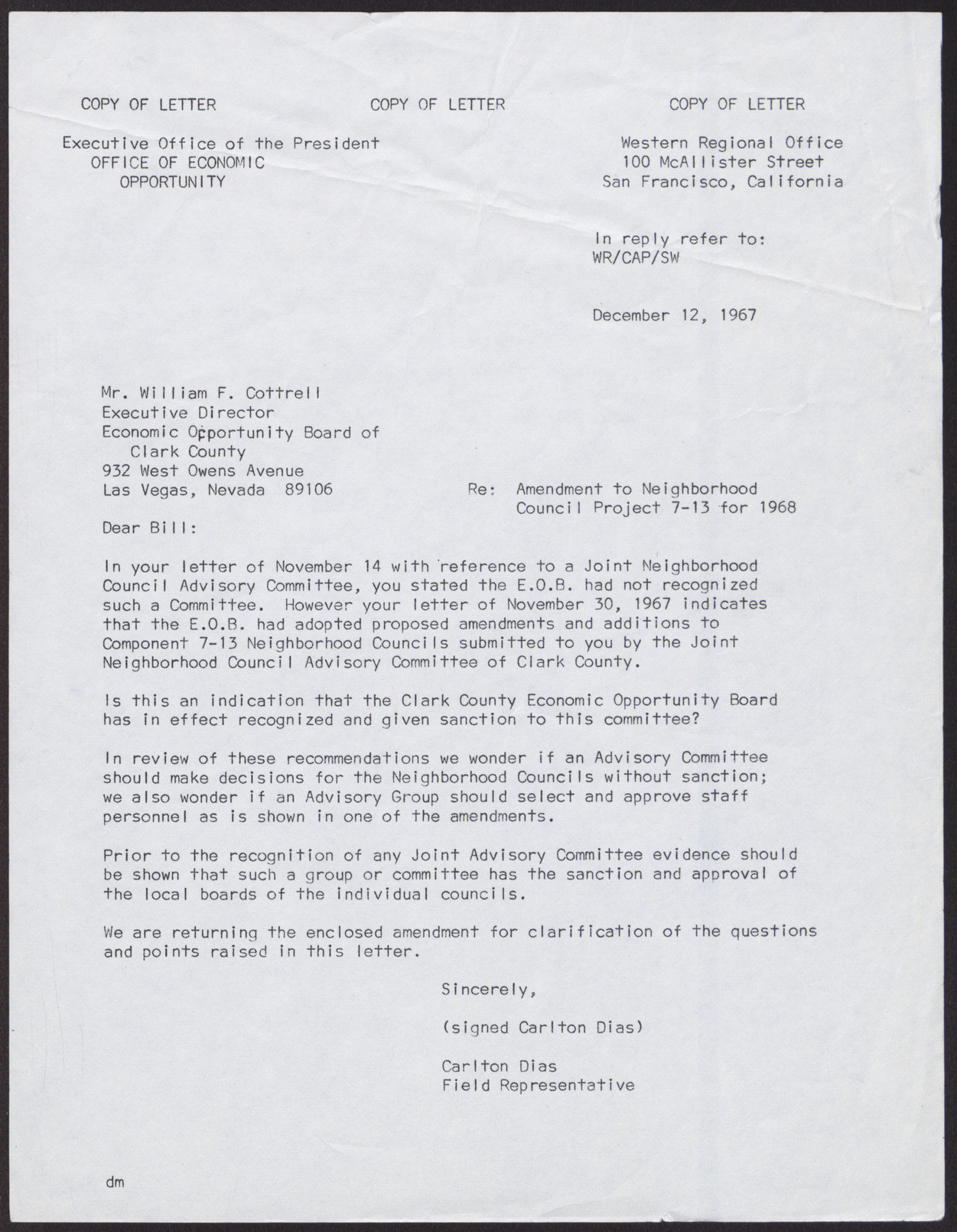 Letter to Mr. William F. Cottrell from Carlton Dias, December 12, 1967
