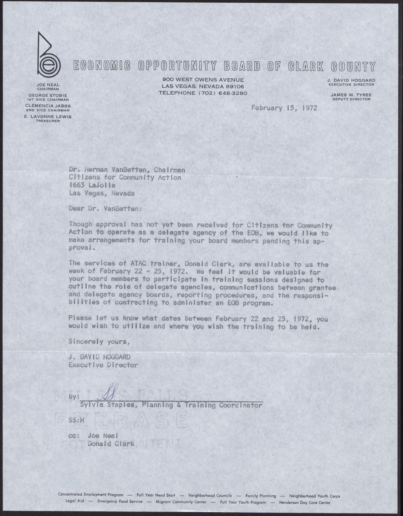 Letter to Dr. Herman VanBetten from J. David Hoggard, February 15, 1972