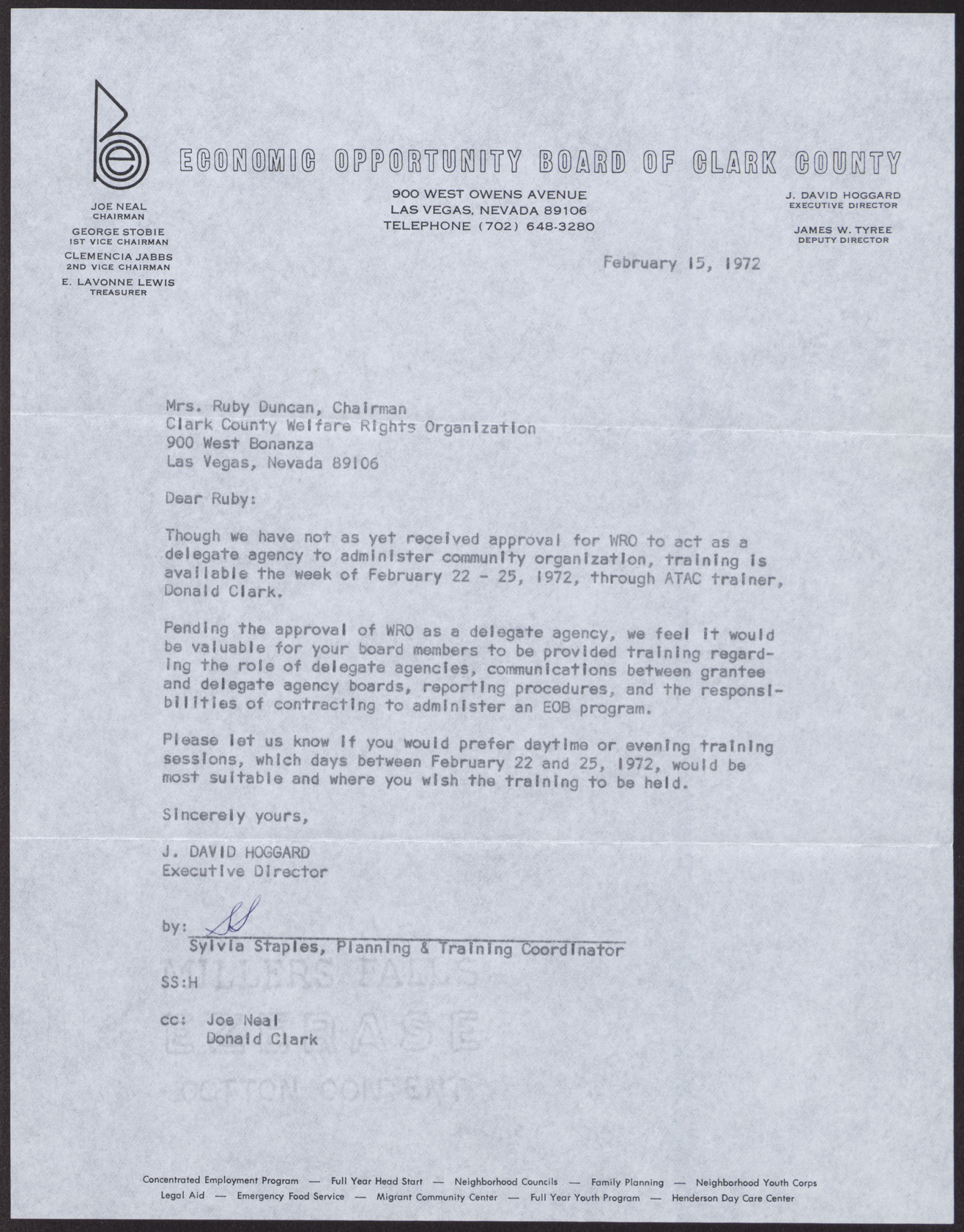 Letter to Mrs. Ruby Duncan from J. David Hoggard, February 15, 1972