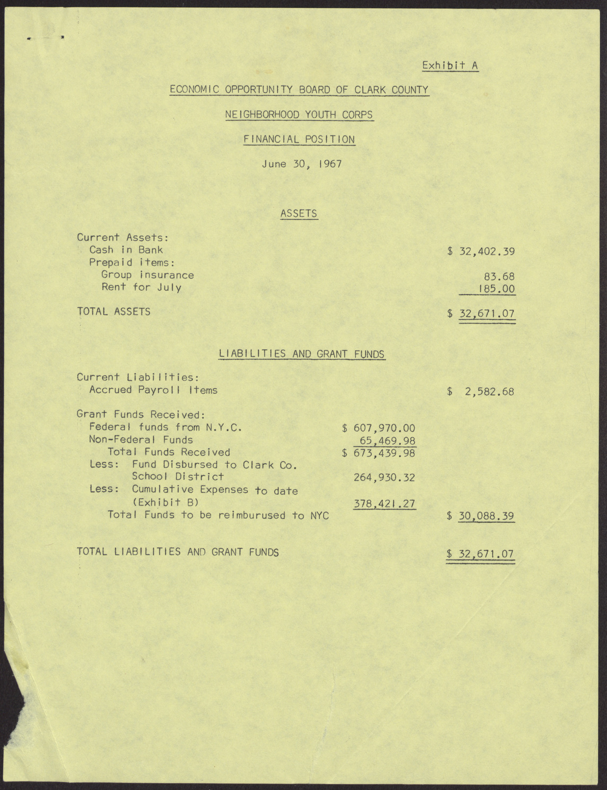 Economic Opportunity Board of Clark County Neighborhood Youth Corps Financial Position, Statement of Budgeted and Actual Expenditures, and Schedule of Checks Written (3 pages), June 30, 1967