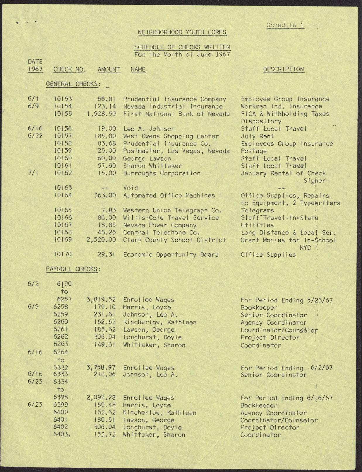 Economic Opportunity Board of Clark County Neighborhood Youth Corps Financial Position, Statement of Budgeted and Actual Expenditures, and Schedule of Checks Written (3 pages), June 30, 1967, page 3