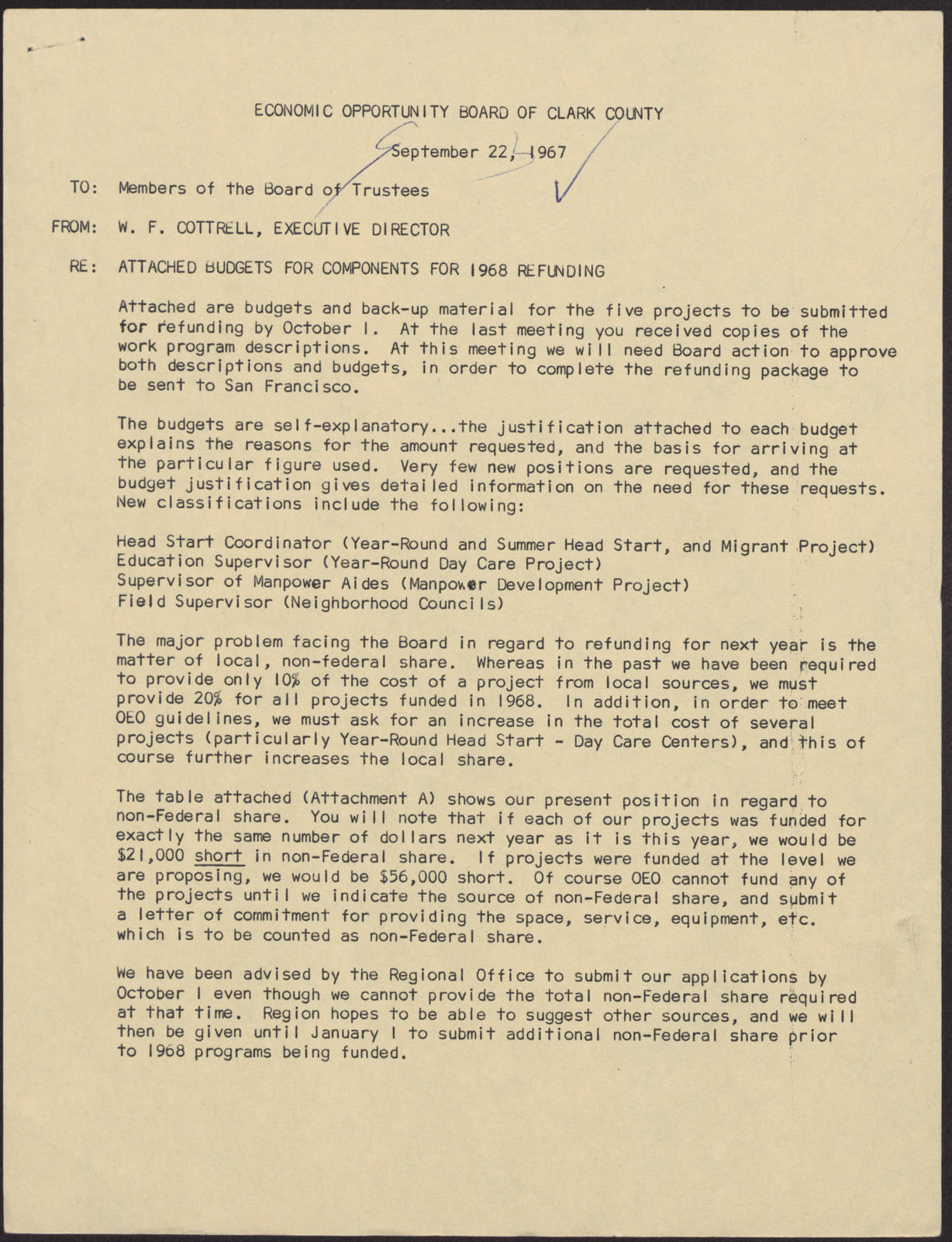 Note and attached budget for 1968 for the EOB (5 pages), September 22, 1967