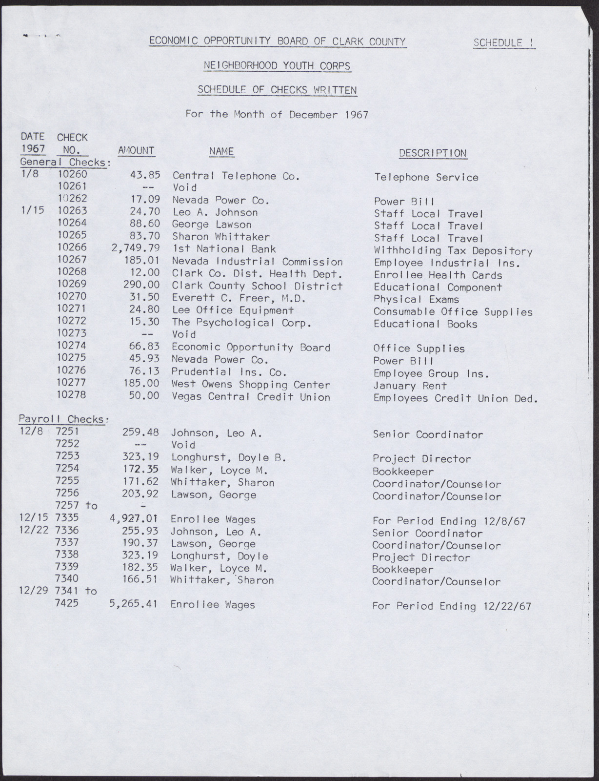 Economic Opportunity Board of Clark County Neighborhood Youth Corps Financial Position, Statement of Budgeted and Actual Expenditures, and Schedule of Checks Written (3 pages), December 1967, page 3