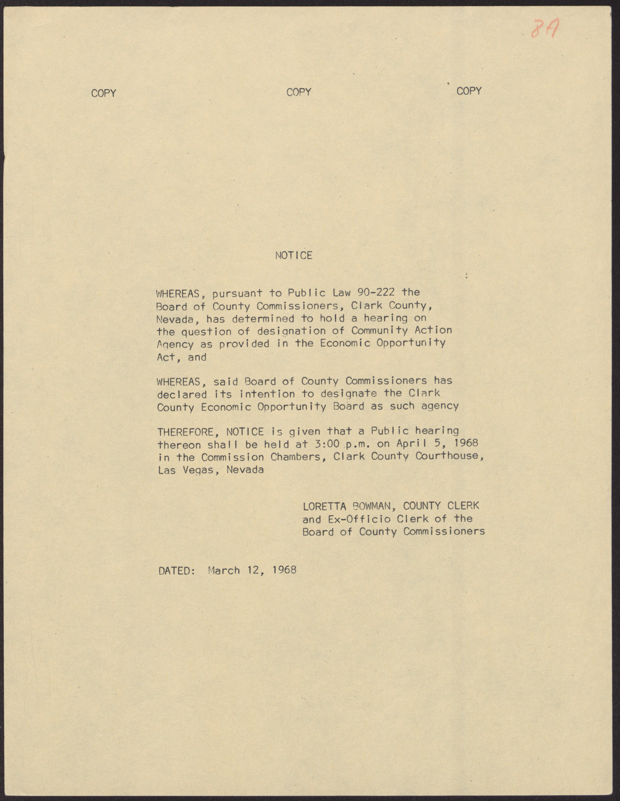 Notice from the Board of County Commissioners, March 12, 1968