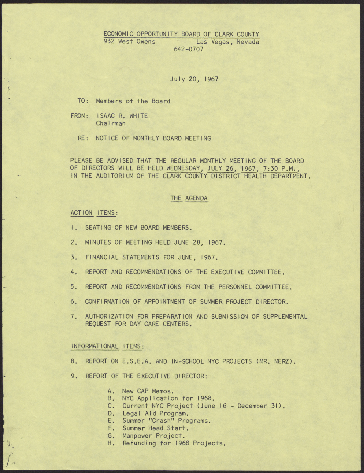 Notice to members of the Economic Opportunity Board of Clark County from Isaac R. White, July 20, 1967