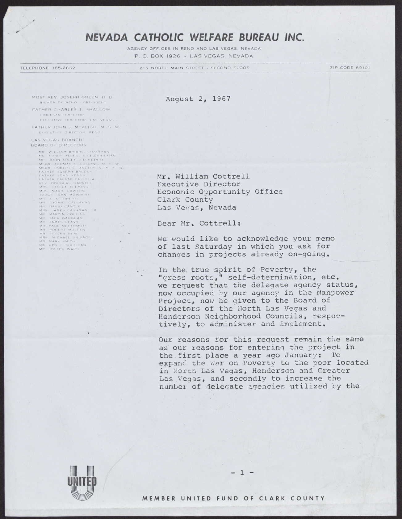 Letter to Mr. William Cottrell from Robert W. Fahey (2 pages), August 2, 1967