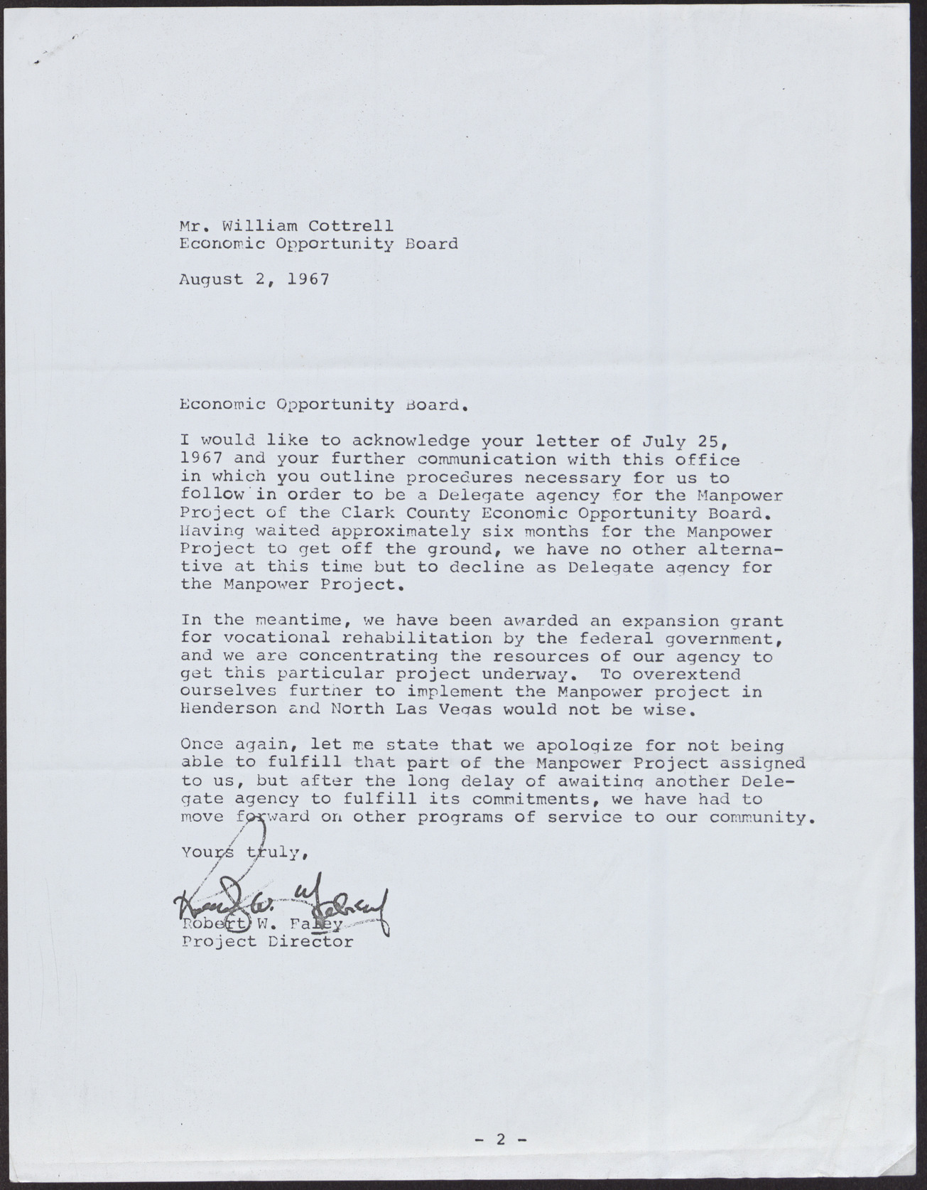 Letter to Mr. William Cottrell from Robert W. Fahey (2 pages), August 2, 1967, page 2