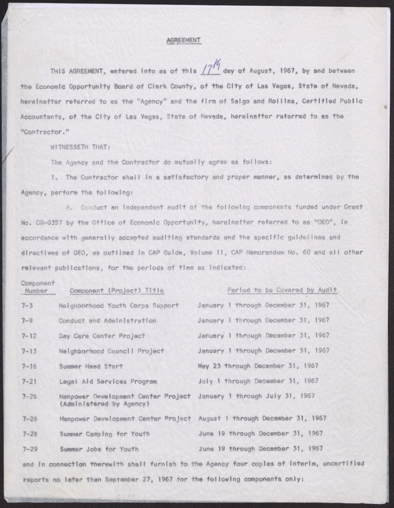 Agreement between the Economic Opportunity Board of Clark County and the accounting firm of Salgo and Rollins, August 17, 1967