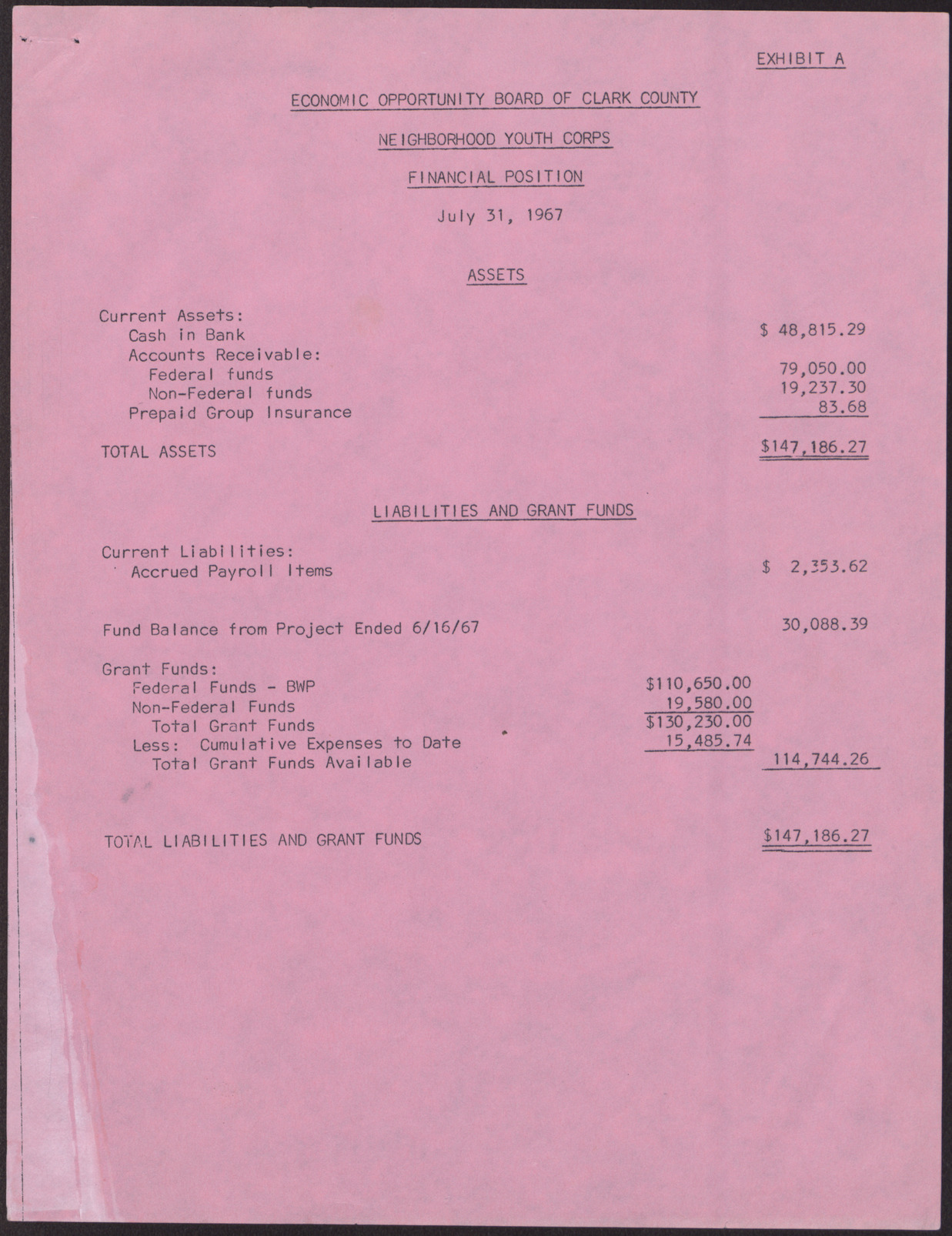 Economic Opportunity Board of Clark County Neighborhood Youth Corps Financial Position, Statement of Budgeted and Actual Expenditures, Schedule of Checks Written (3 pages), July 1967