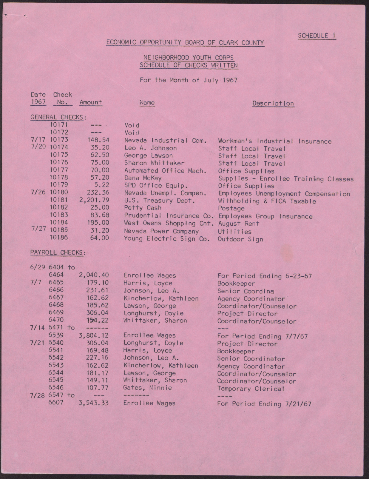 Economic Opportunity Board of Clark County Neighborhood Youth Corps Financial Position, Statement of Budgeted and Actual Expenditures, Schedule of Checks Written (3 pages), July 1967, page 3