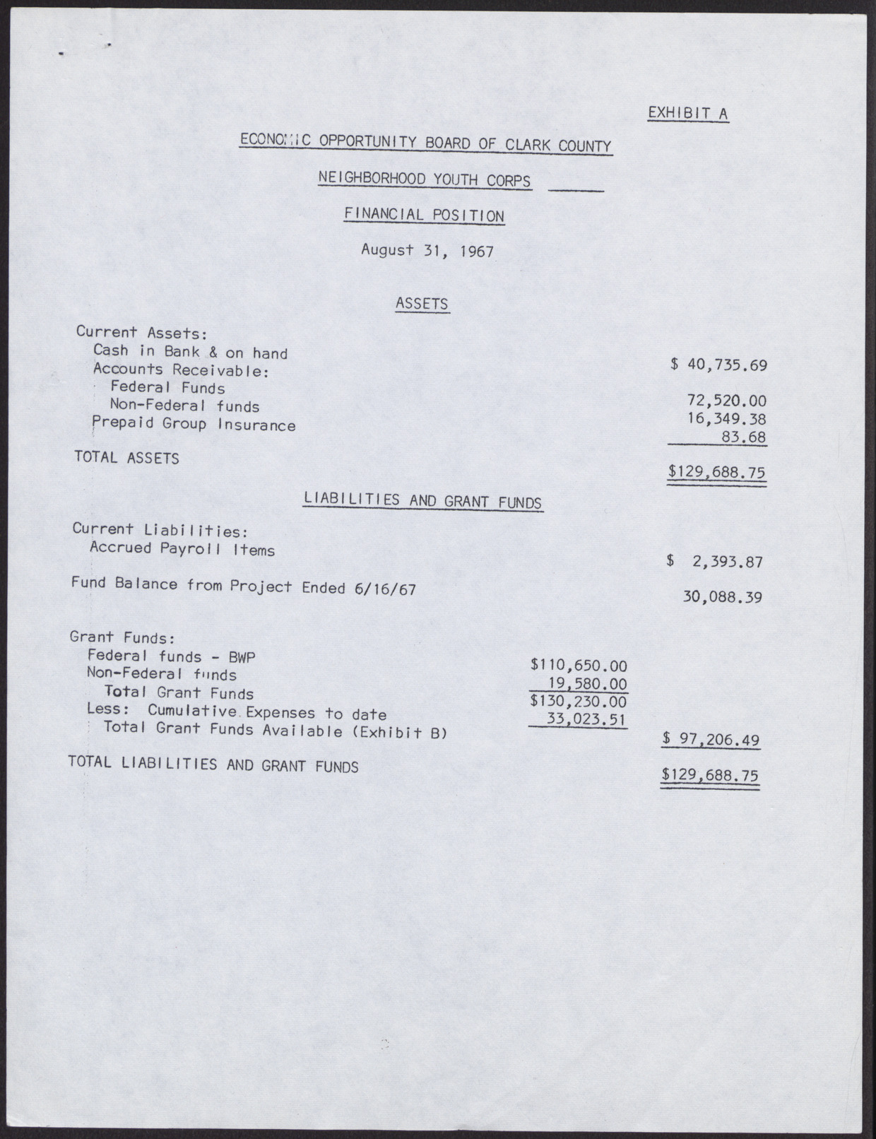 Economic Opportunity Board of Clark County Neighborhood Youth Corps Financial Position, Statement of Budgeted and Actual Expenditures, Schedule of Checks Written (3 pages), August 1967