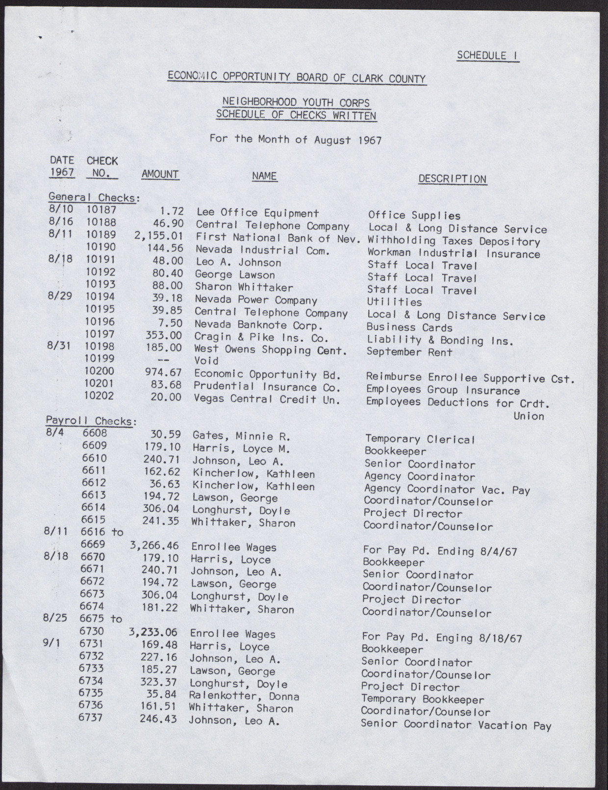 Economic Opportunity Board of Clark County Neighborhood Youth Corps Financial Position, Statement of Budgeted and Actual Expenditures, Schedule of Checks Written (3 pages), August 1967, page 2