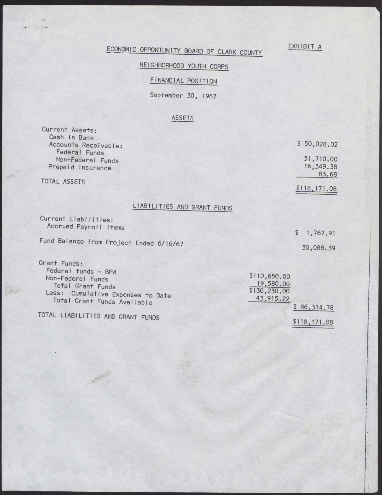 Economic Opportunity Board of Clark County Neighborhood Youth Corps Financial Position, Statement of Budgeted and Actual Expenditures, Schedule of Checks Written (3 pages), September 1967